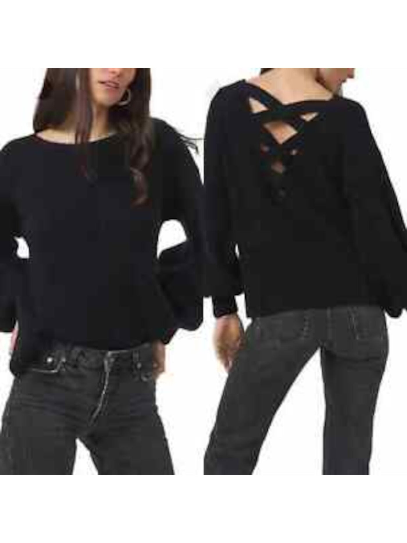 1. STATE Womens Black Knit Ribbed Textured Oversized Cross Back Pull On Sty Balloon Sleeve Boat Neck Sweater L