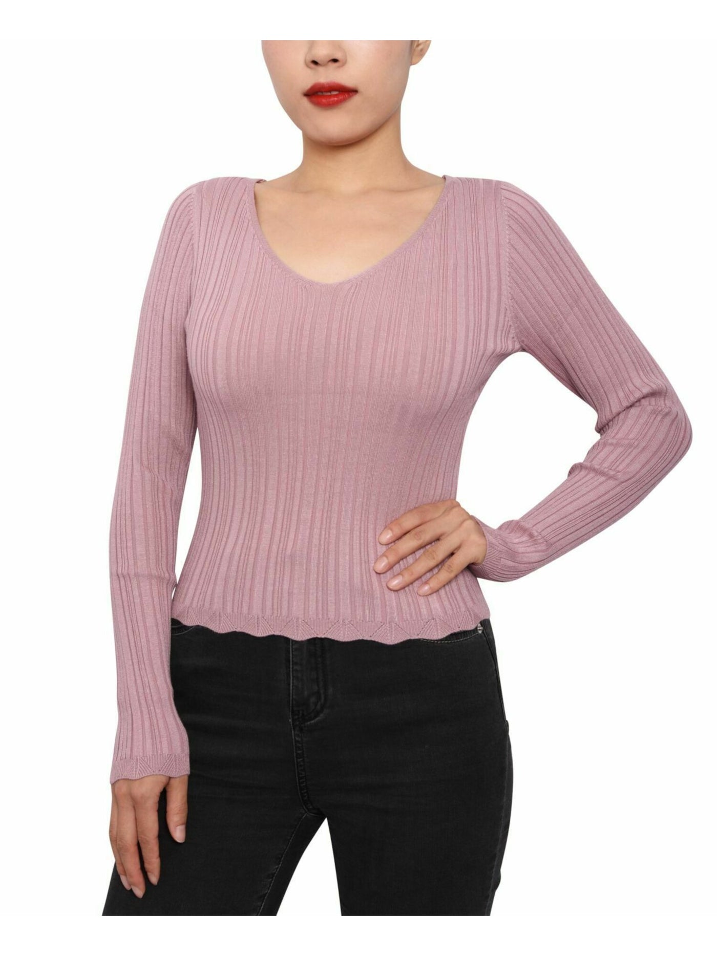 PLANET GOLD Womens Light Purple Ribbed Strappy-back Long Sleeve V Neck Wear To Work Sweater XL