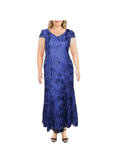 ALEX EVENINGS Womens Blue Stretch Zippered Embroidered Sequined Lace Cap Sleeve V Neck Maxi Formal Gown Dress Petites 8P