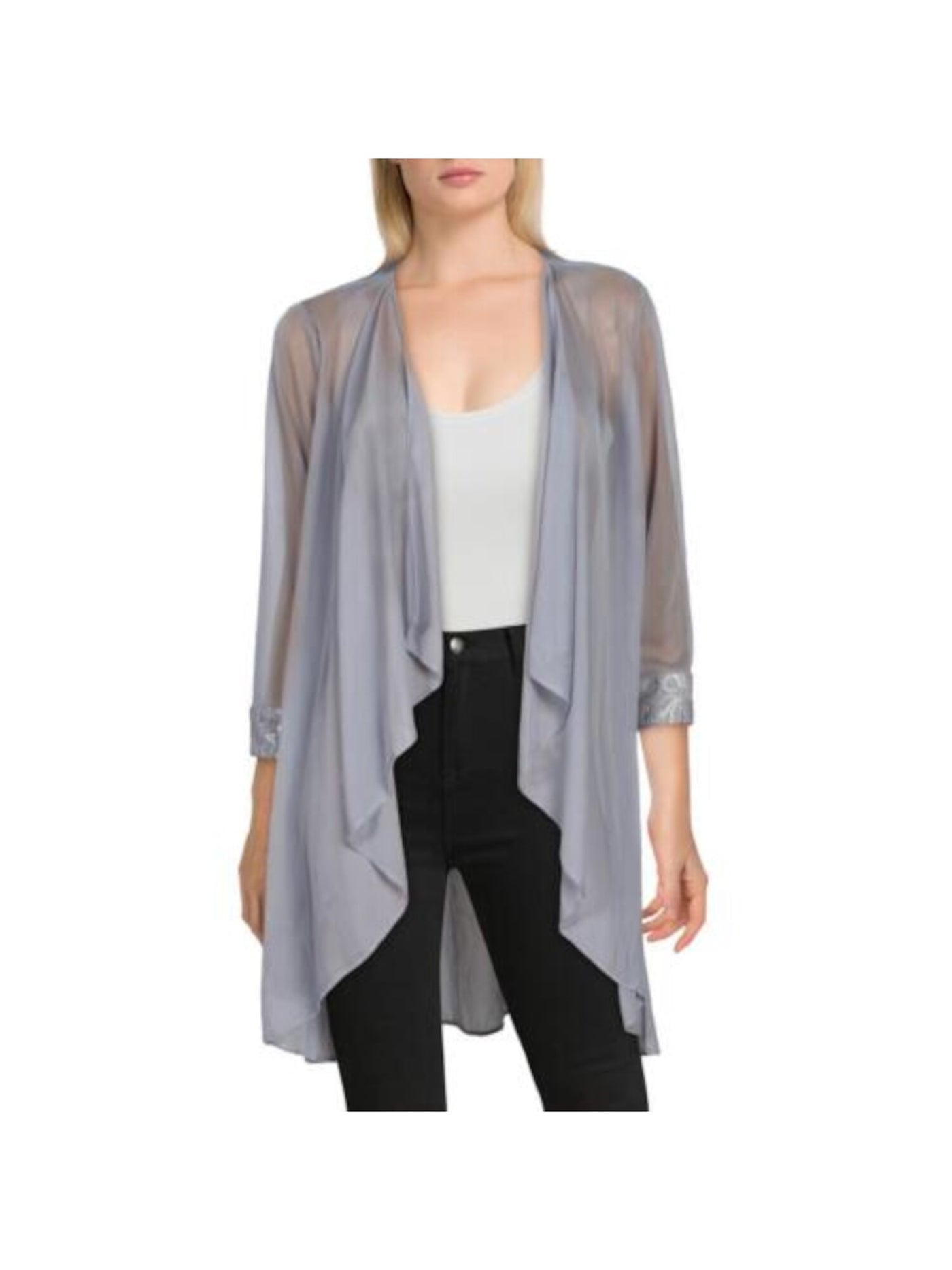 R&M RICHARDS Womens Gray Stretch Sheer Embellished Draped Open Front 3/4 Sleeve Collarless Evening Jacket 12