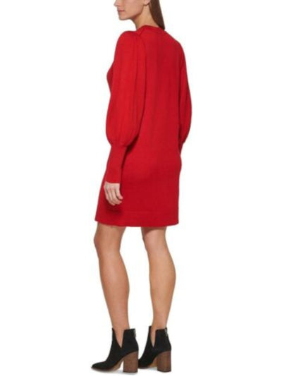 VINCE CAMUTO Womens Red Ribbed Balloon Sleeve Crew Neck Above The Knee Sweater Dress L