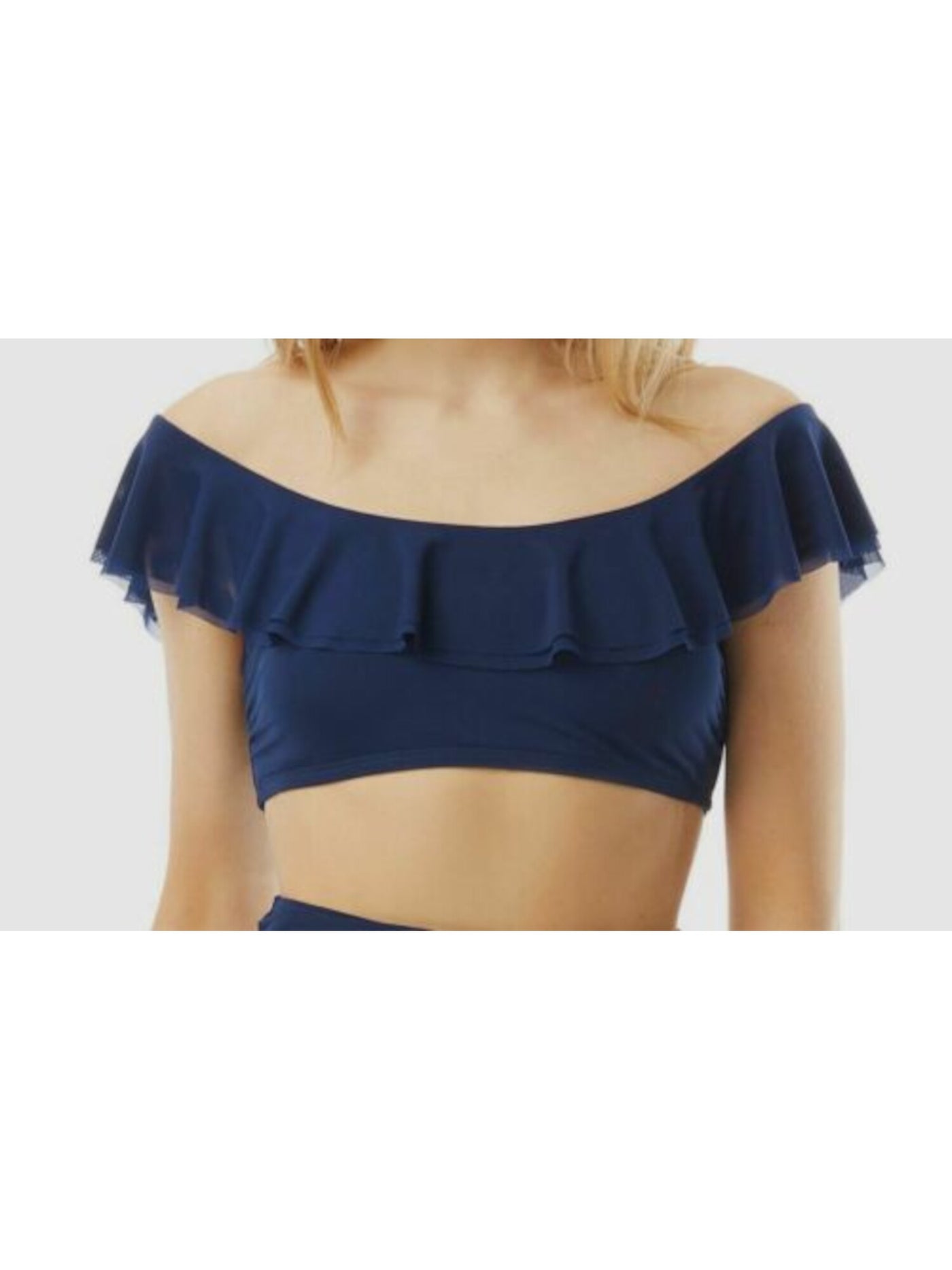 CARMEN MARC VALVO Women's Navy Stretch Removable Cups Lined Convertible Ruffled Marche De Solids Off The Shoulder Swimsuit Top L
