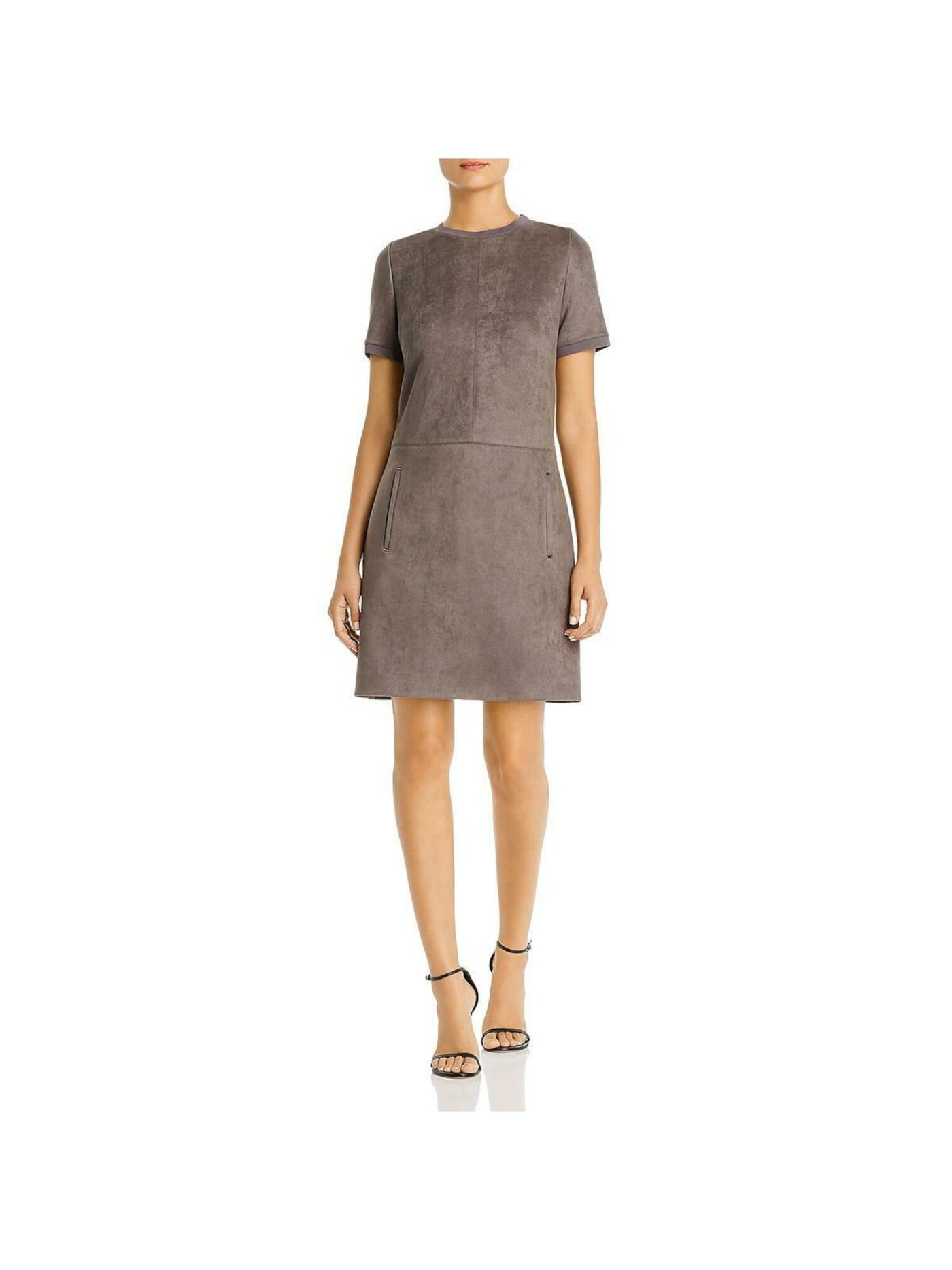 ELIE TAHARI Womens Gray Faux Suede Crew Neck Above The Knee Shift Dress Size: 2