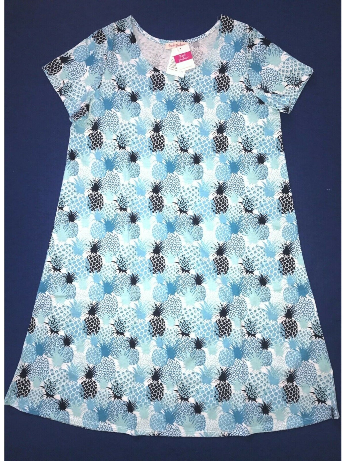 FRESH PRODUCE Womens Blue Printed Short Sleeve Crew Neck Above The Knee Shift Dress XS