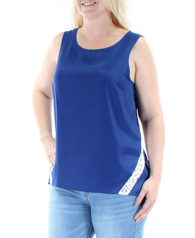 KENSIE Womens Blue Sheer Lace W/o Cami Sleeveless Jewel Neck Tank Top Size: S
