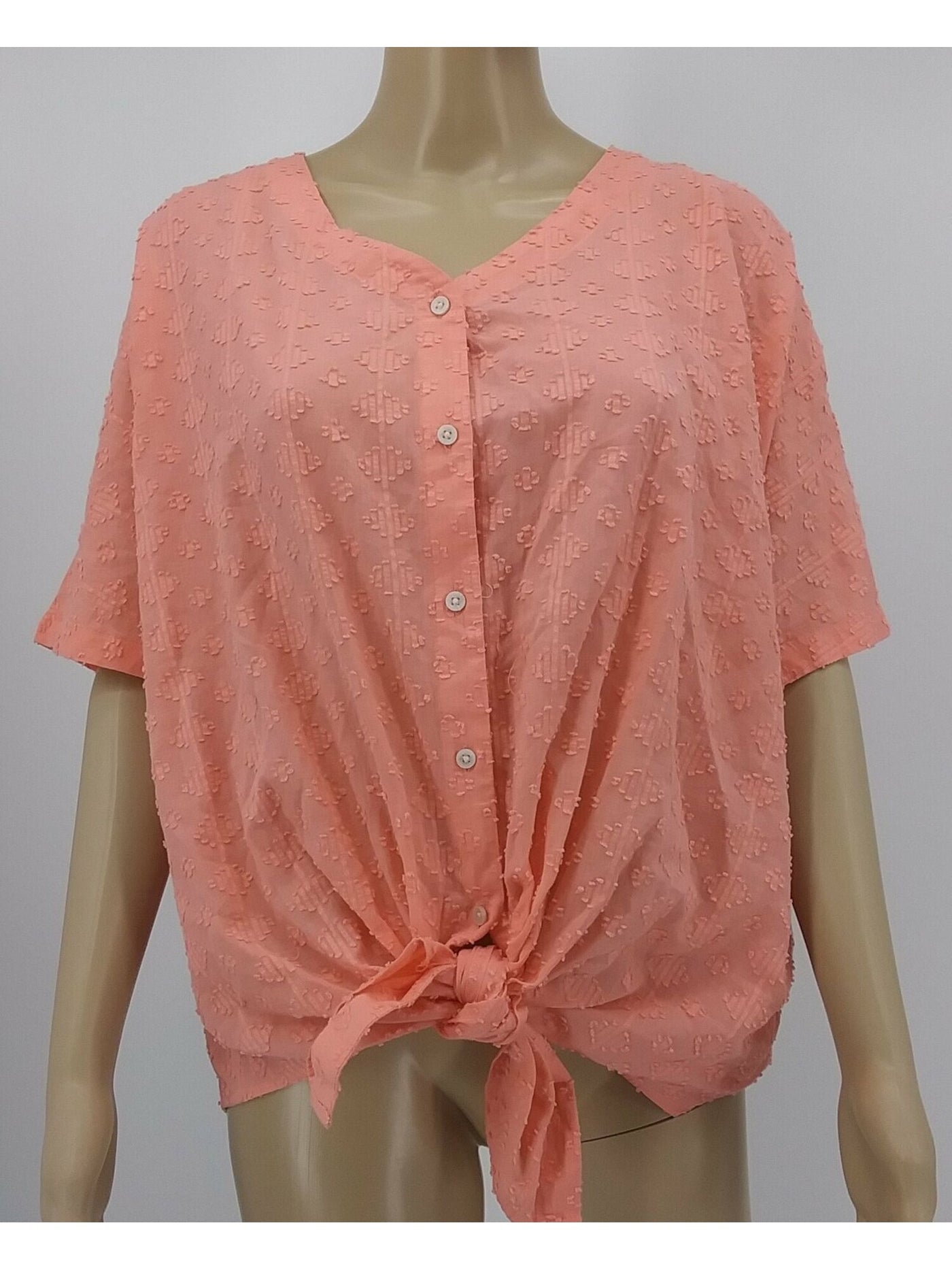 STYLE & COMPANY Womens Coral Short Sleeve V Neck Button Up Top Size: S