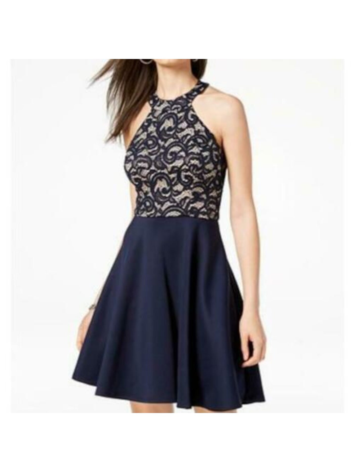 B DARLIN Womens Navy Lace Glitter Strappy Open Back Sleeveless Halter Short Party Fit + Flare Dress Juniors 1\2