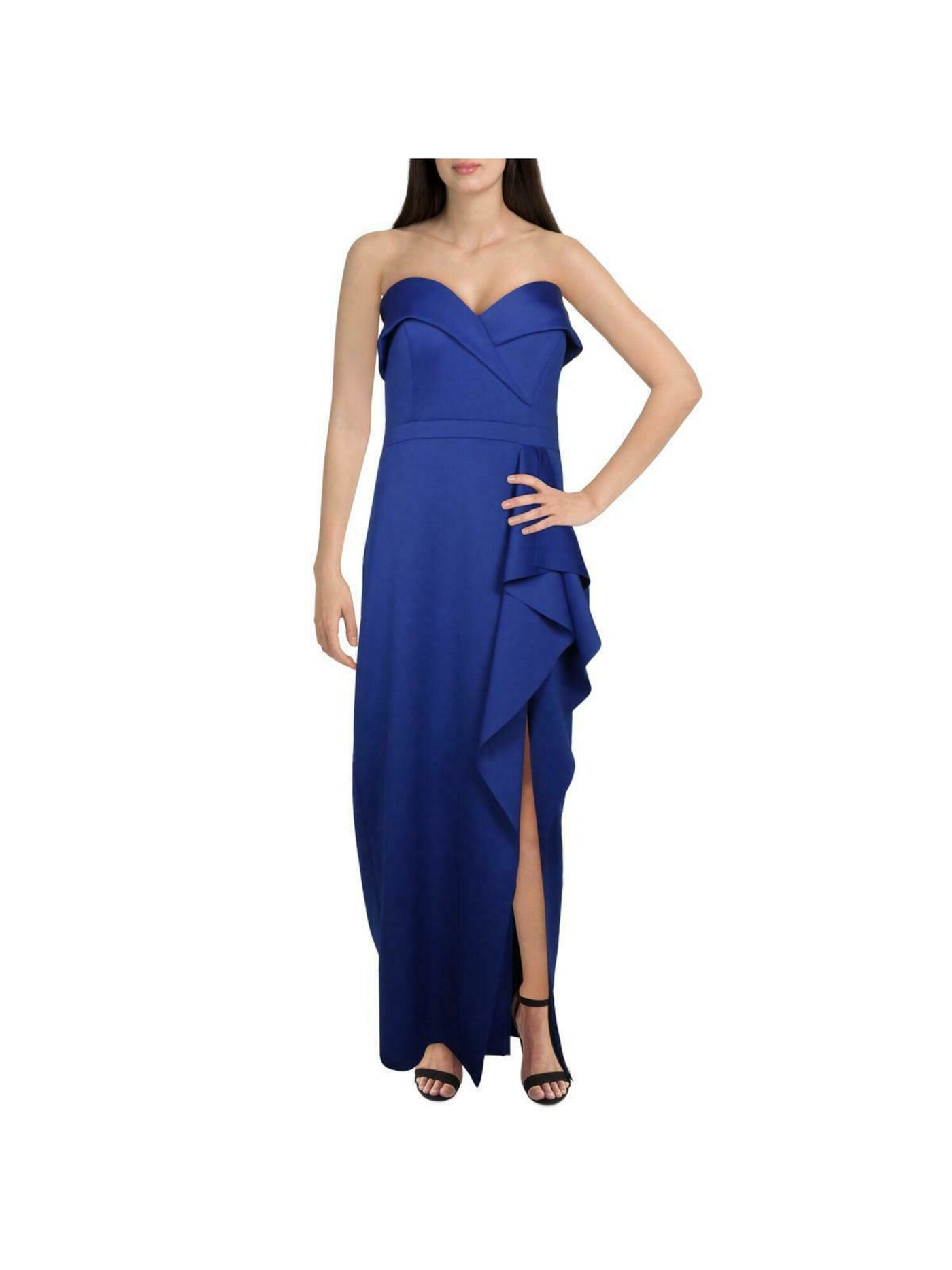 XSCAPE Womens Blue Ruffled Slitted Off Shoulder Full-Length Evening Sheath Dress 12