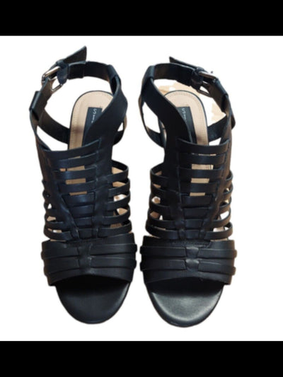 STEVEN Womens Black Cage Vamp Adjustable Strap Padded Frannie Round Toe Stacked Heel Buckle Leather Slingback Sandal 10