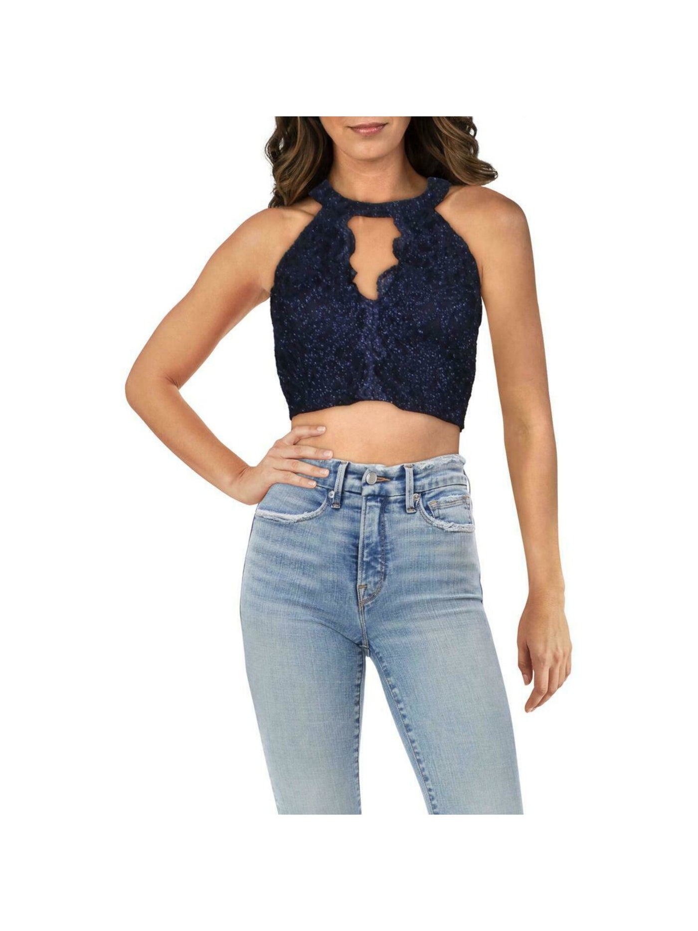 CITY STUDIO Womens Navy Stretch Zippered Cut Out At Front Neckline Floral Sleeveless Halter Party Crop Top Juniors 13