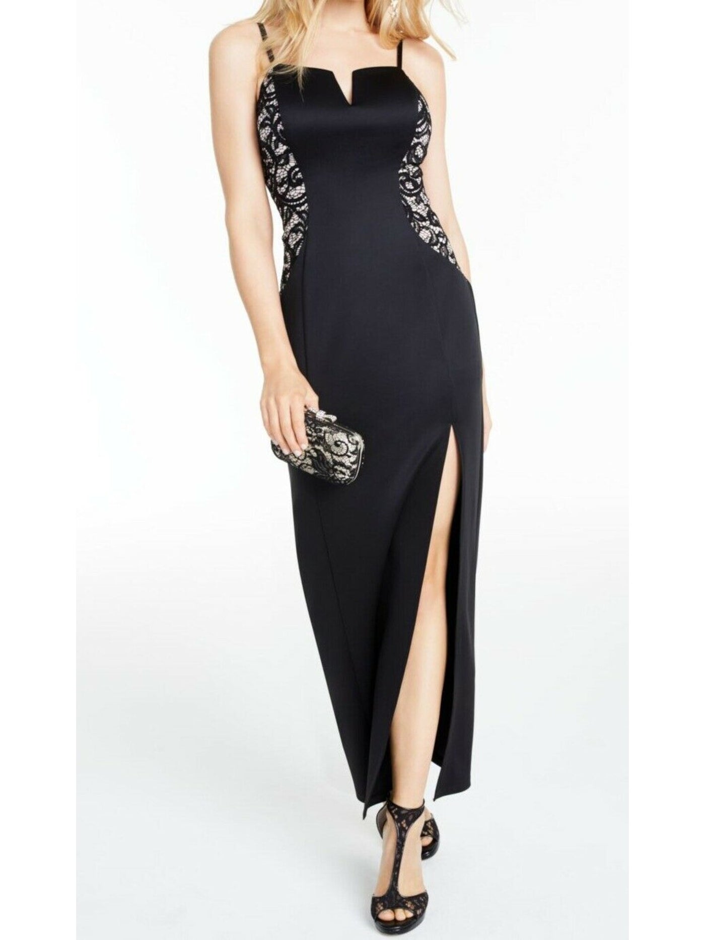 BCX DRESS Womens Black Stretch Zippered Embellished Lace Slitted Spaghetti Strap Split Maxi Formal Sheath Dress Juniors 5