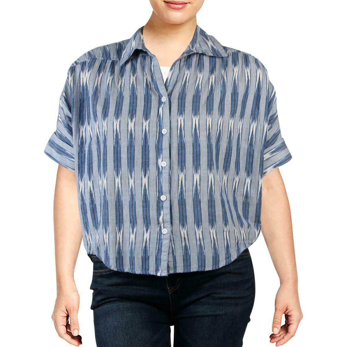 KAREN KANE Womens Blue Cuffed Short Sleeve Printed Short Sleeve Collared Button Up Top XS