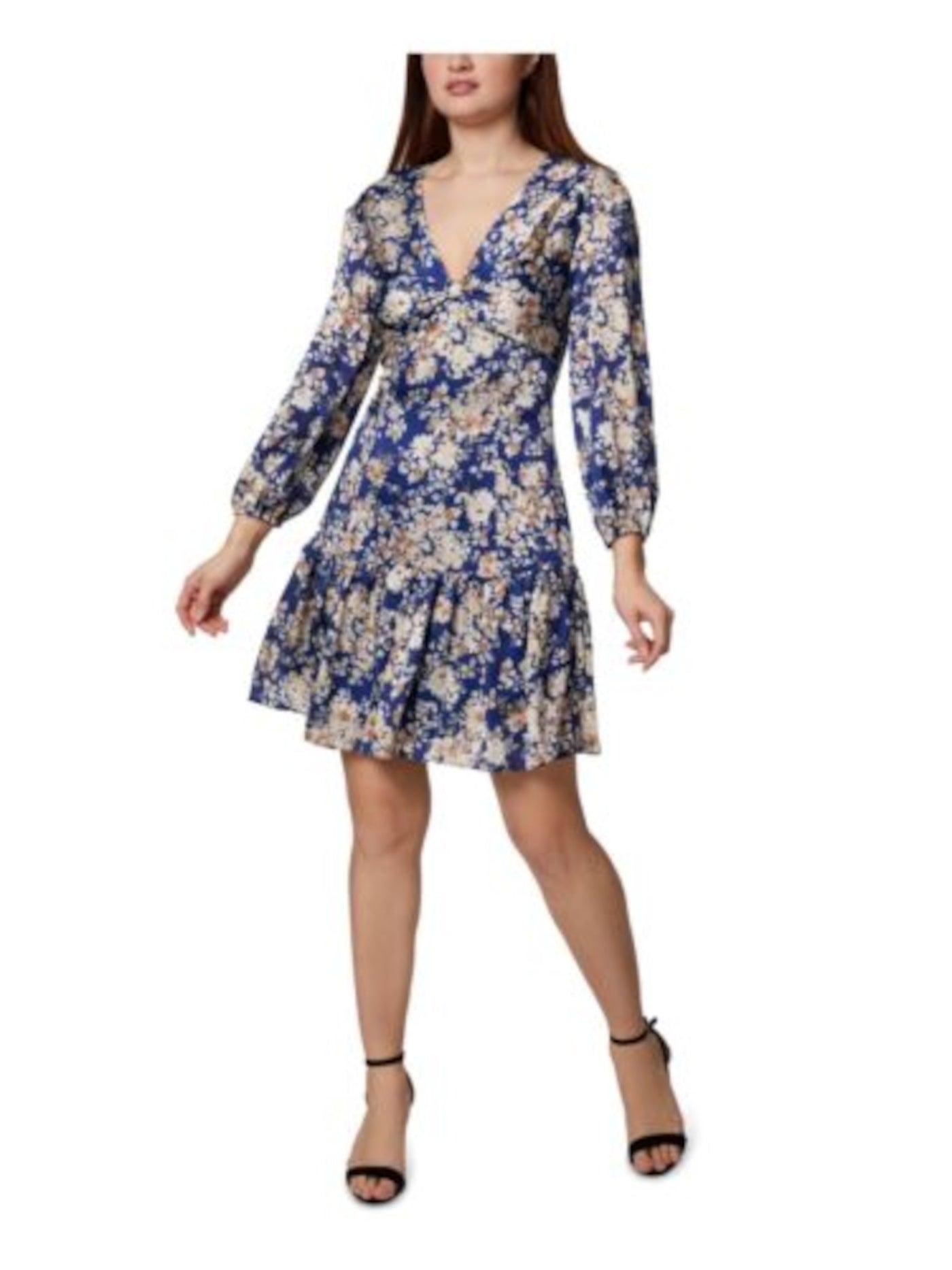 SAGE COLLECTIVE Womens Blue Zippered Ruffled Bow Detail Lined Elastic Cuffs Floral 3/4 Sleeve V Neck Above The Knee Wear To Work Fit + Flare Dress 2P
