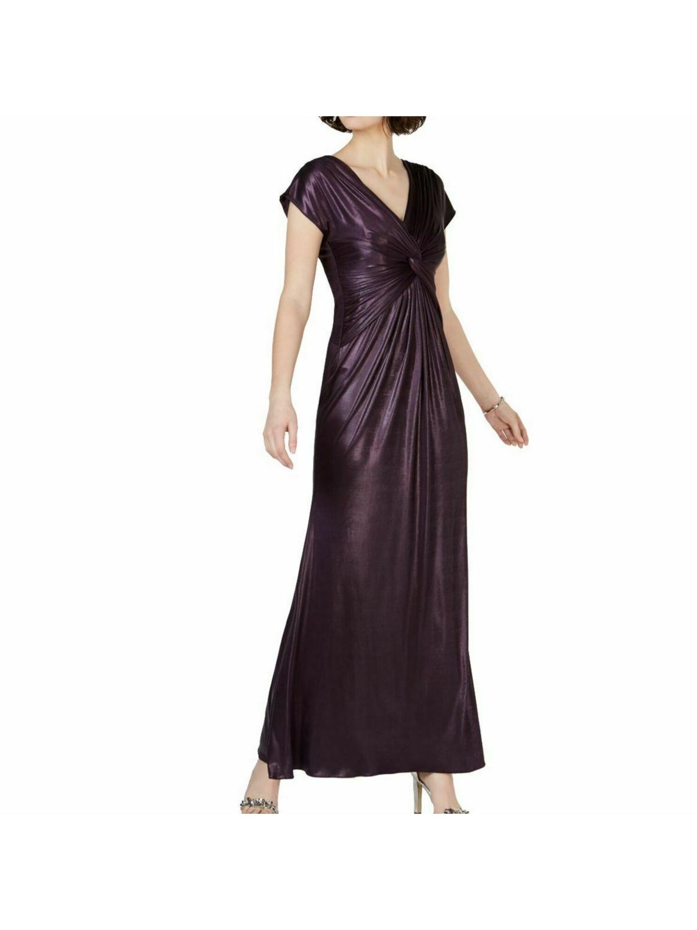 ADRIANNA PAPELL Womens Purple Ruched Short Sleeve V Neck Maxi Formal Sheath Dress 4