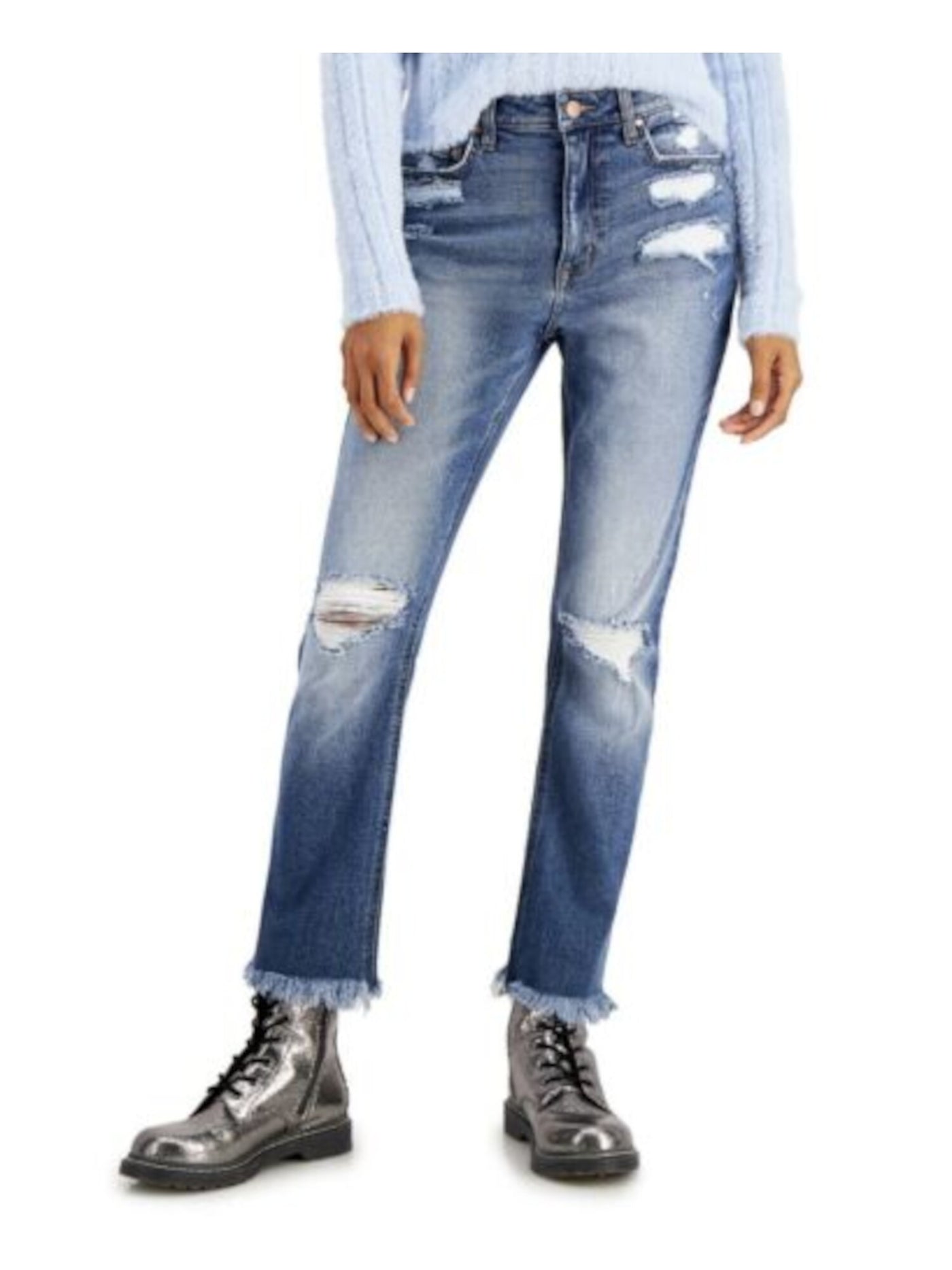 TINSELTOWN Womens Blue Denim Pocketed Zippered Ripped Ankle Length Frayed Hem Straight leg Jeans 1\25 Waist