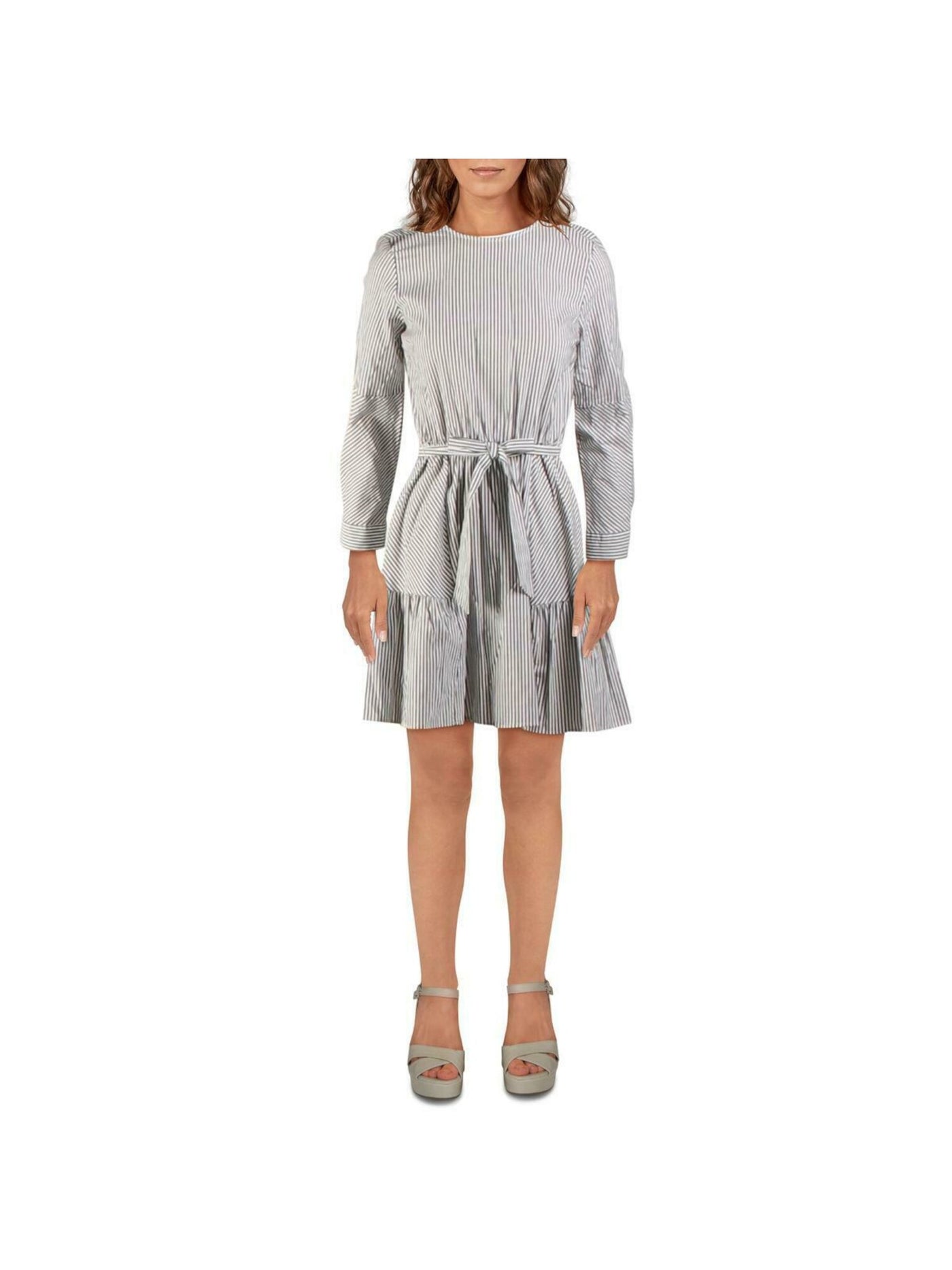 AQUA Womens Gray Striped Long Sleeve Above The Knee A-Line Dress Size: M