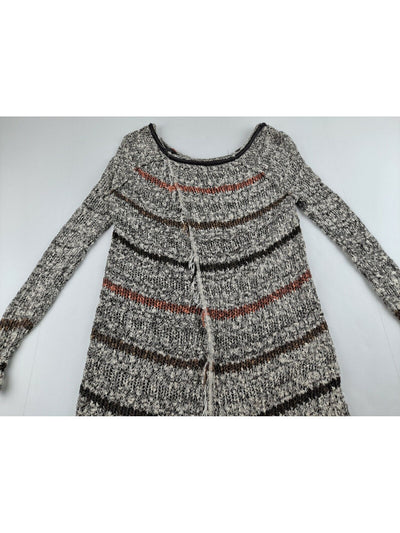 FREE PEOPLE Womens Brown Frayed Open Weave Tulip Back Striped Long Sleeve Round Neck Sweater XS