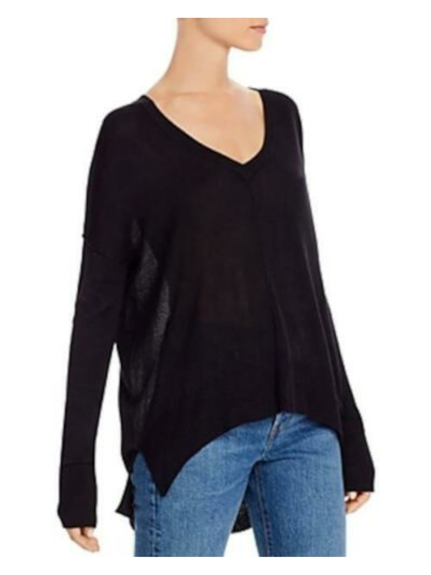 AQUA Womens Black Long Sleeve V Neck Hi-Lo Sweater Size: XS