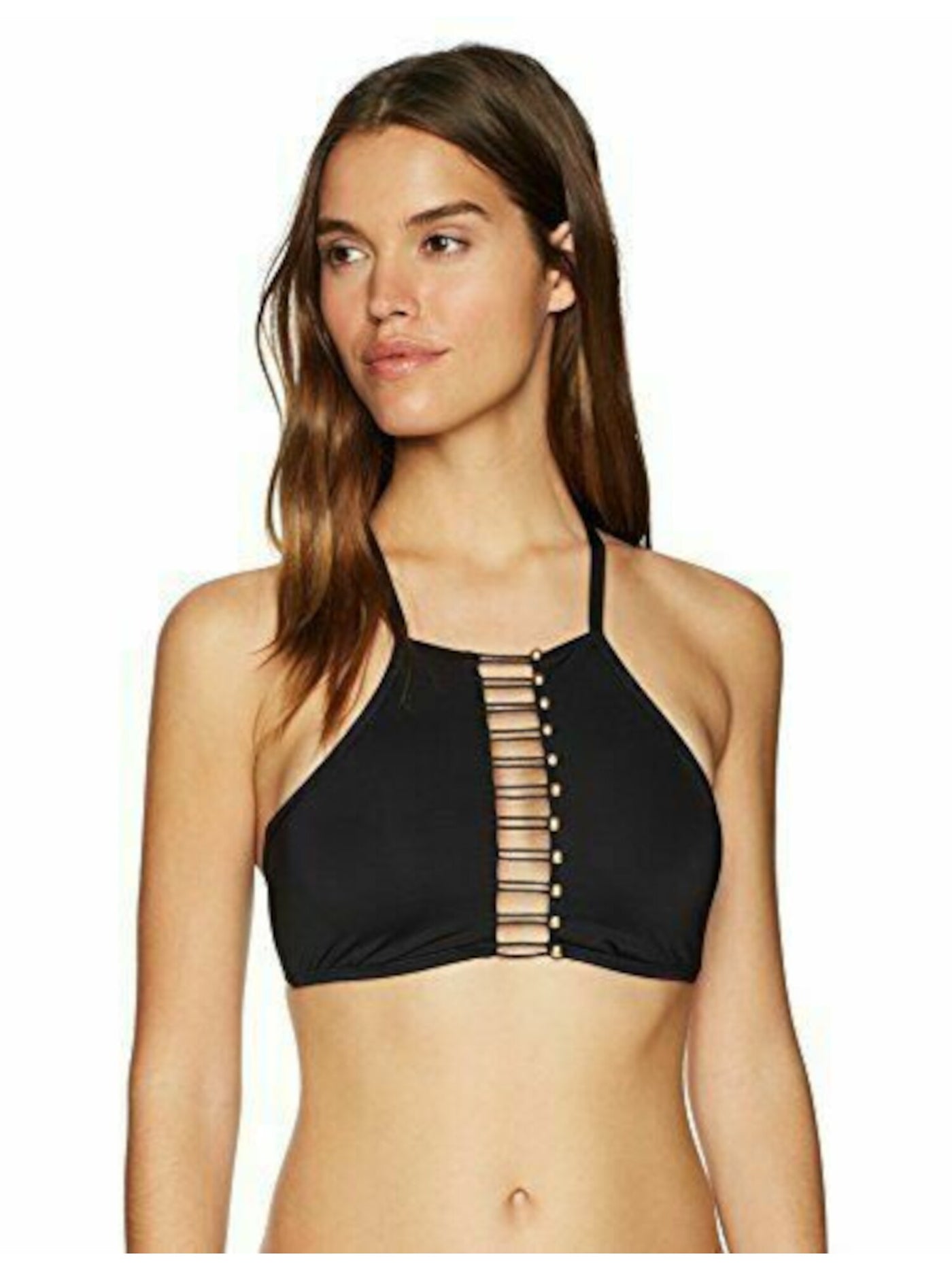 KENNETH COLE Women's Black Stretch Strappy Cutout New York High Neck Swimsuit Top S