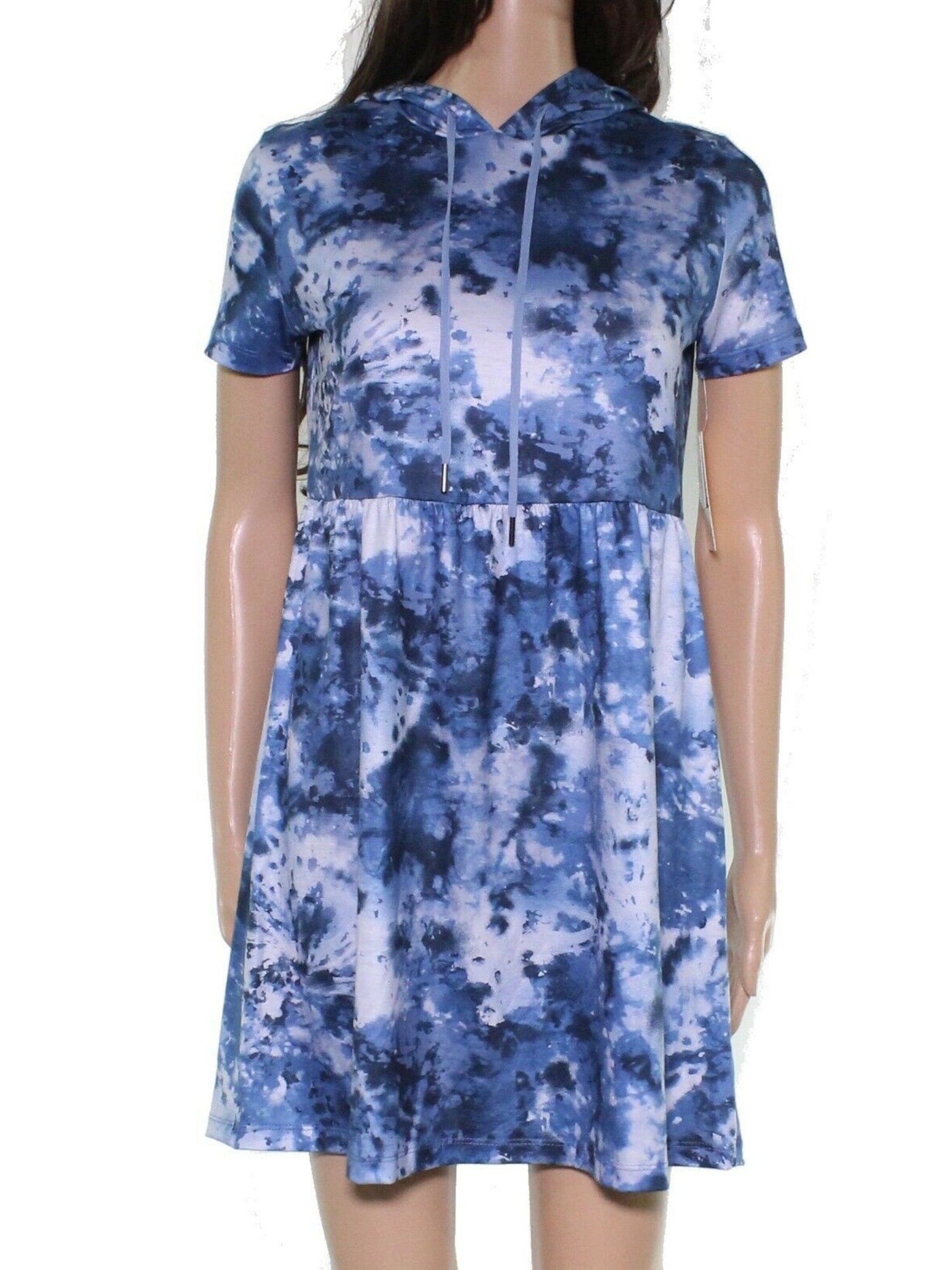 BEBOP Womens Blue Stretch Hooded Tie Dye Short Sleeve Crew Neck Above The Knee Fit + Flare Dress Juniors XXS