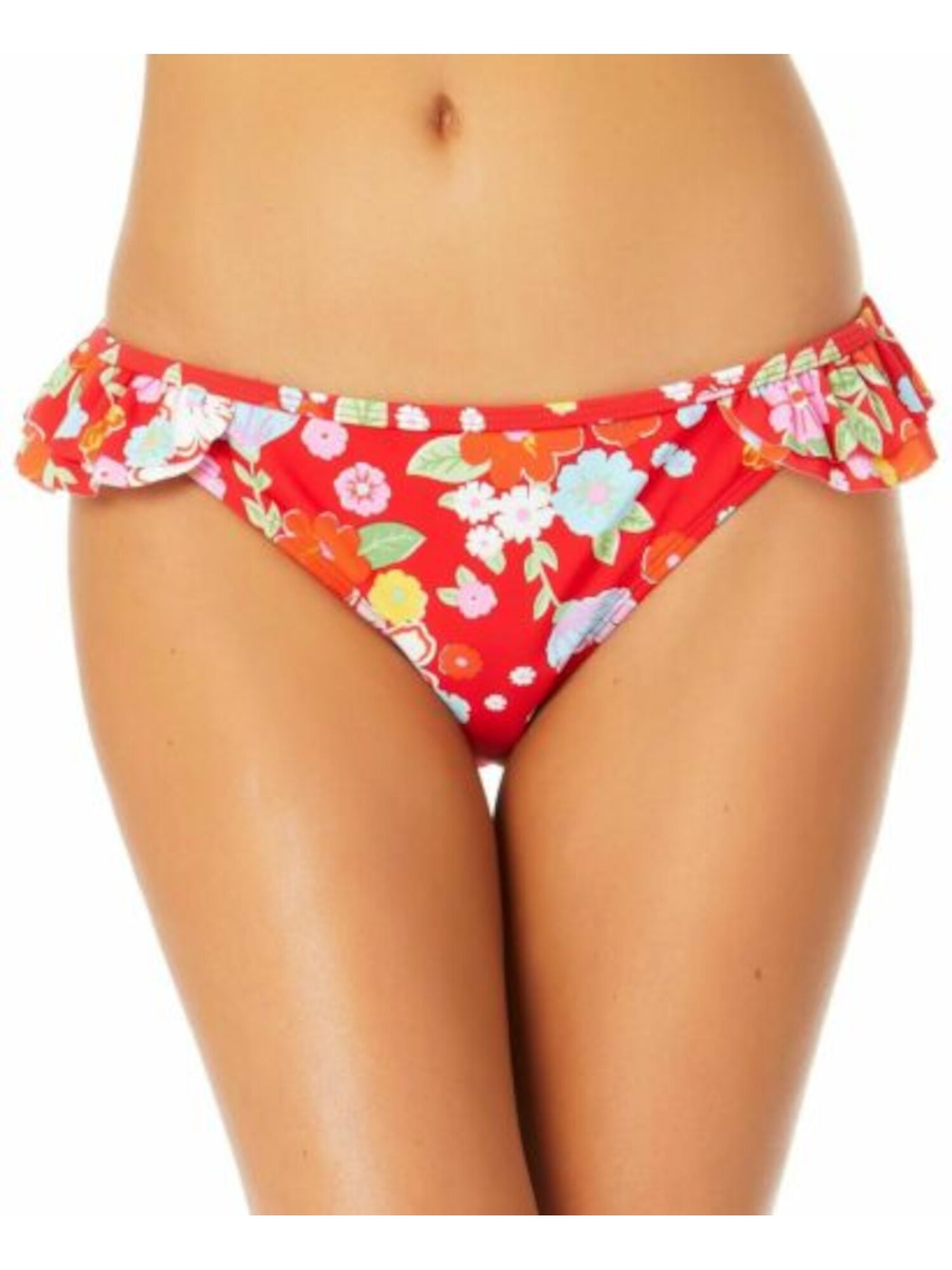 CALIFORNIA SUNSHINE Women's Red Floral Stretch Lined Bikini Moderate Coverage Ruffled Hipster Swimsuit Bottom L
