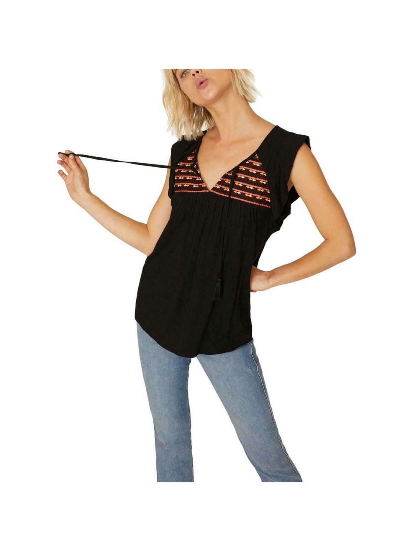 SANCTUARY Womens Black Embroidered Cap Sleeve Top Size: XS