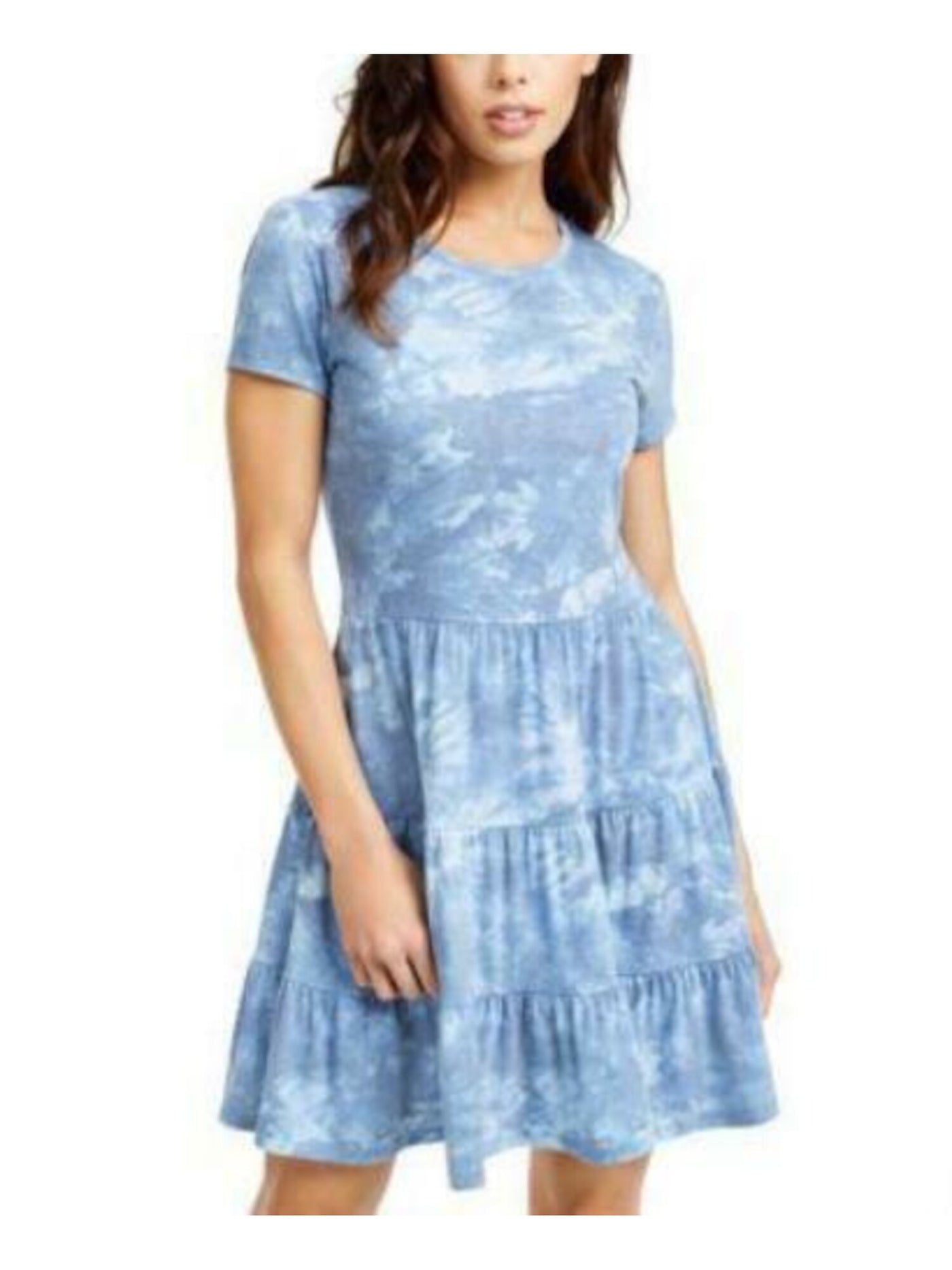 BEBOP Womens Light Blue Tiered Skirt Tie Dye Crew Neck Mini Fit + Flare Dress Juniors XS