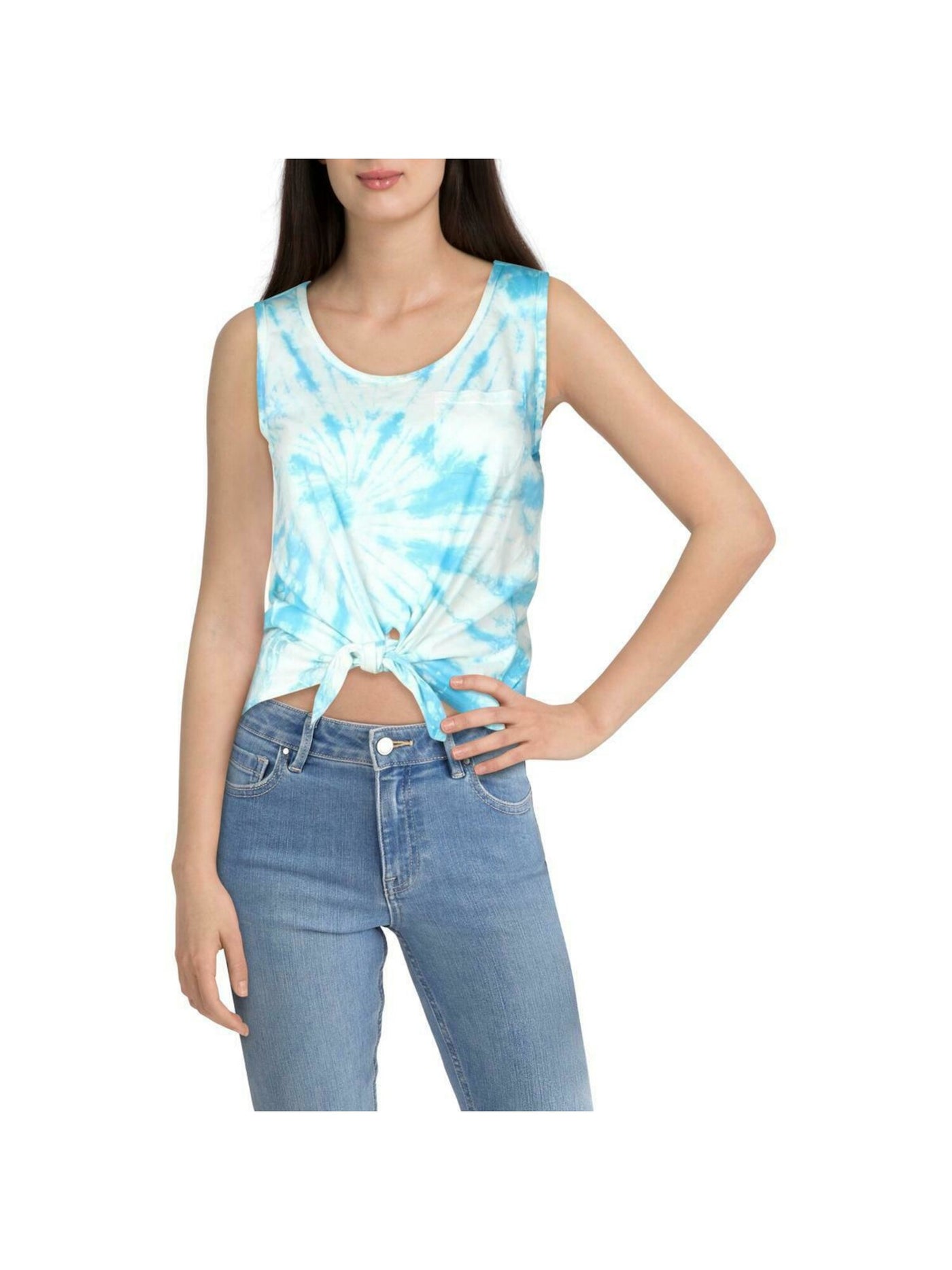 REBELLIOUS ONE Womens Blue Pocketed Relaxed Fit Tie Front Hem Tie Dye Sleeveless Scoop Neck Tank Top Juniors S