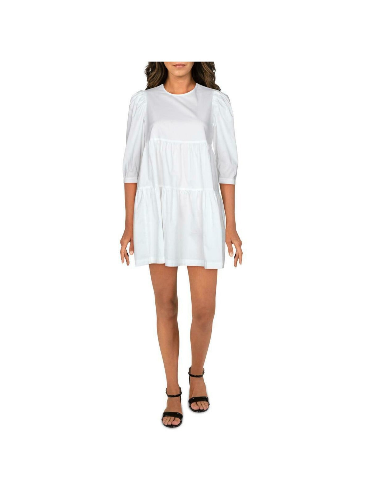 DANIELLE BERNSTEIN Womens White Textured Woven 3/4 Sleeve Mini Baby Doll Dress S