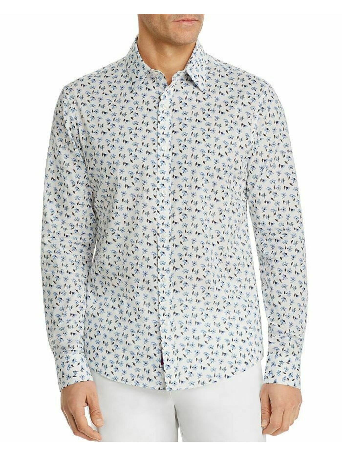 MICHAEL KORS Mens Blue Floral Slim Fit Button Down Cotton Shirt XXL
