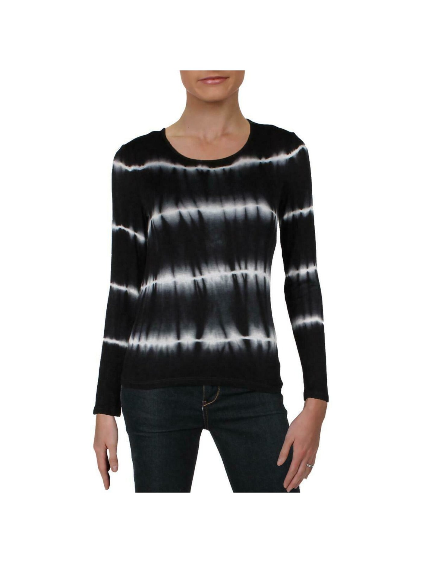 AQUA Womens Black Striped Long Sleeve Jewel Neck T-Shirt Size: XS