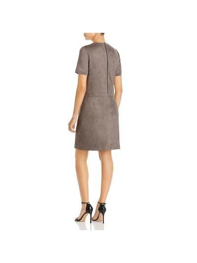 ELIE TAHARI Womens Gray Faux Suede Crew Neck Above The Knee Shift Dress Size: 2