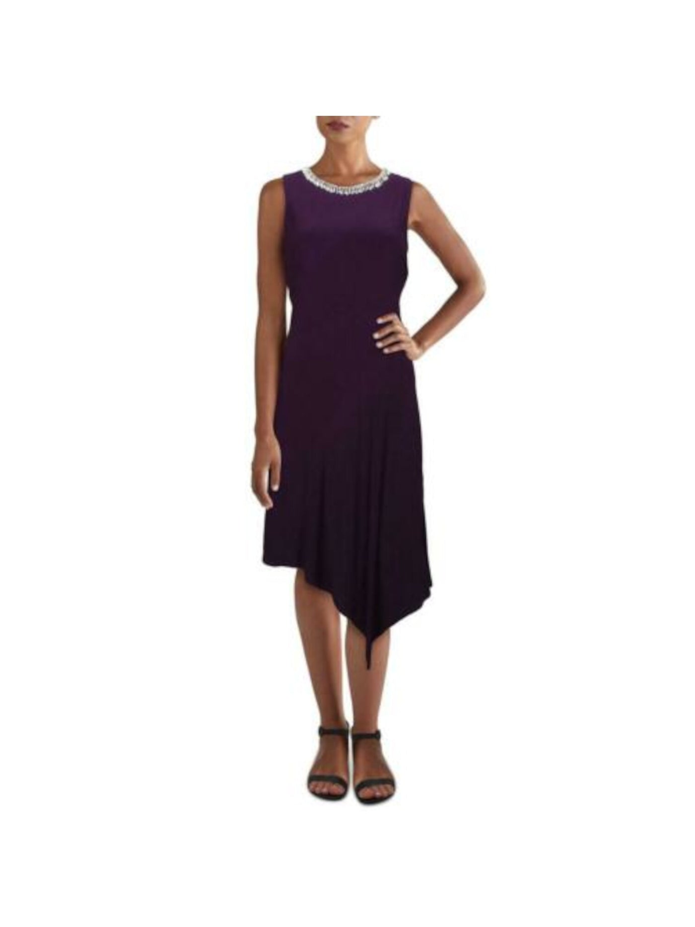 MSK Womens Purple Rhinestone Zippered Asymmetrical Sleeveless Crew Neck Below The Knee Evening Fit + Flare Dress S