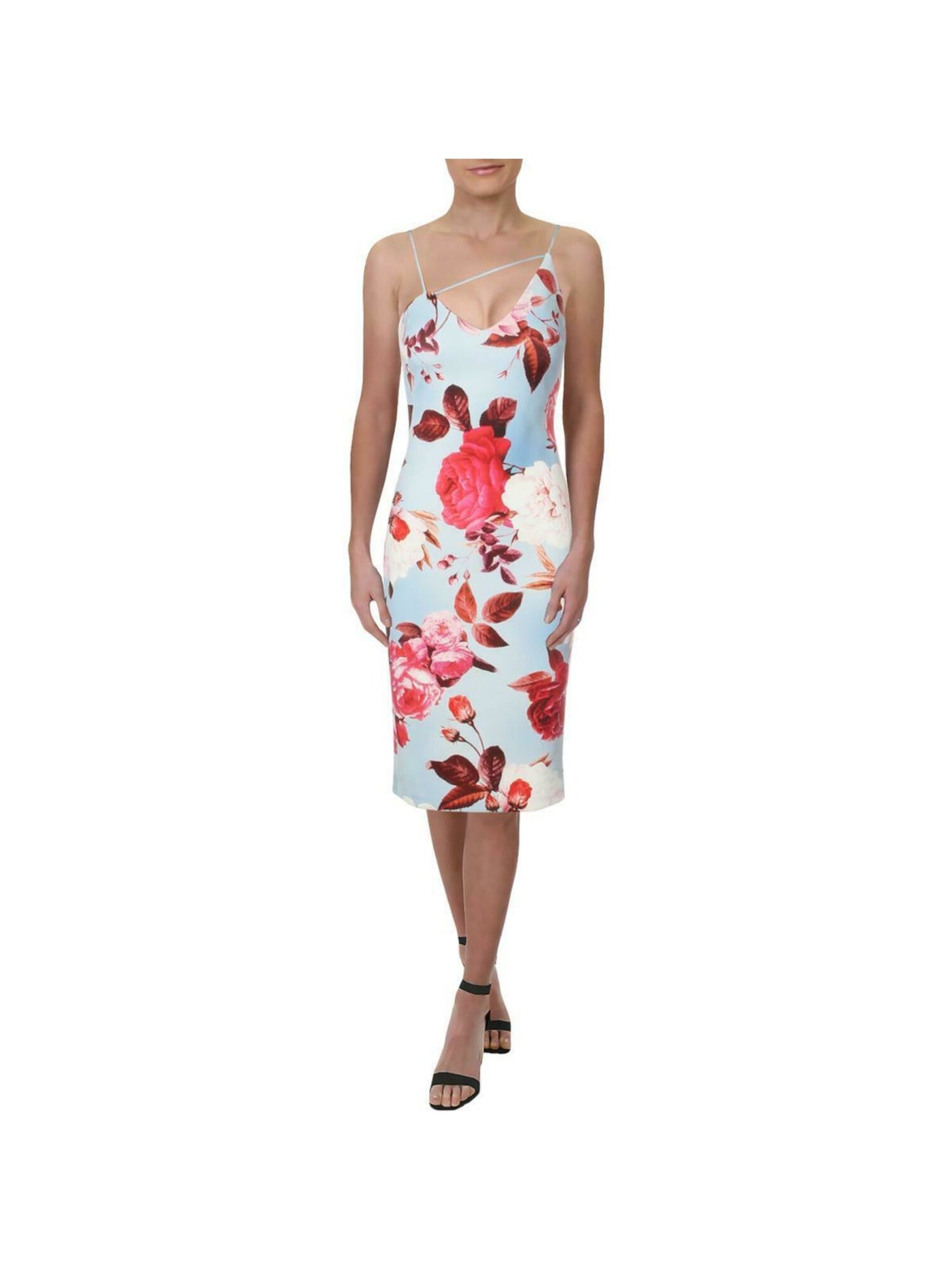 MARCIANO Womens Light Blue Zippered Floral Spaghetti Strap Below The Knee Party Sheath Dress XS