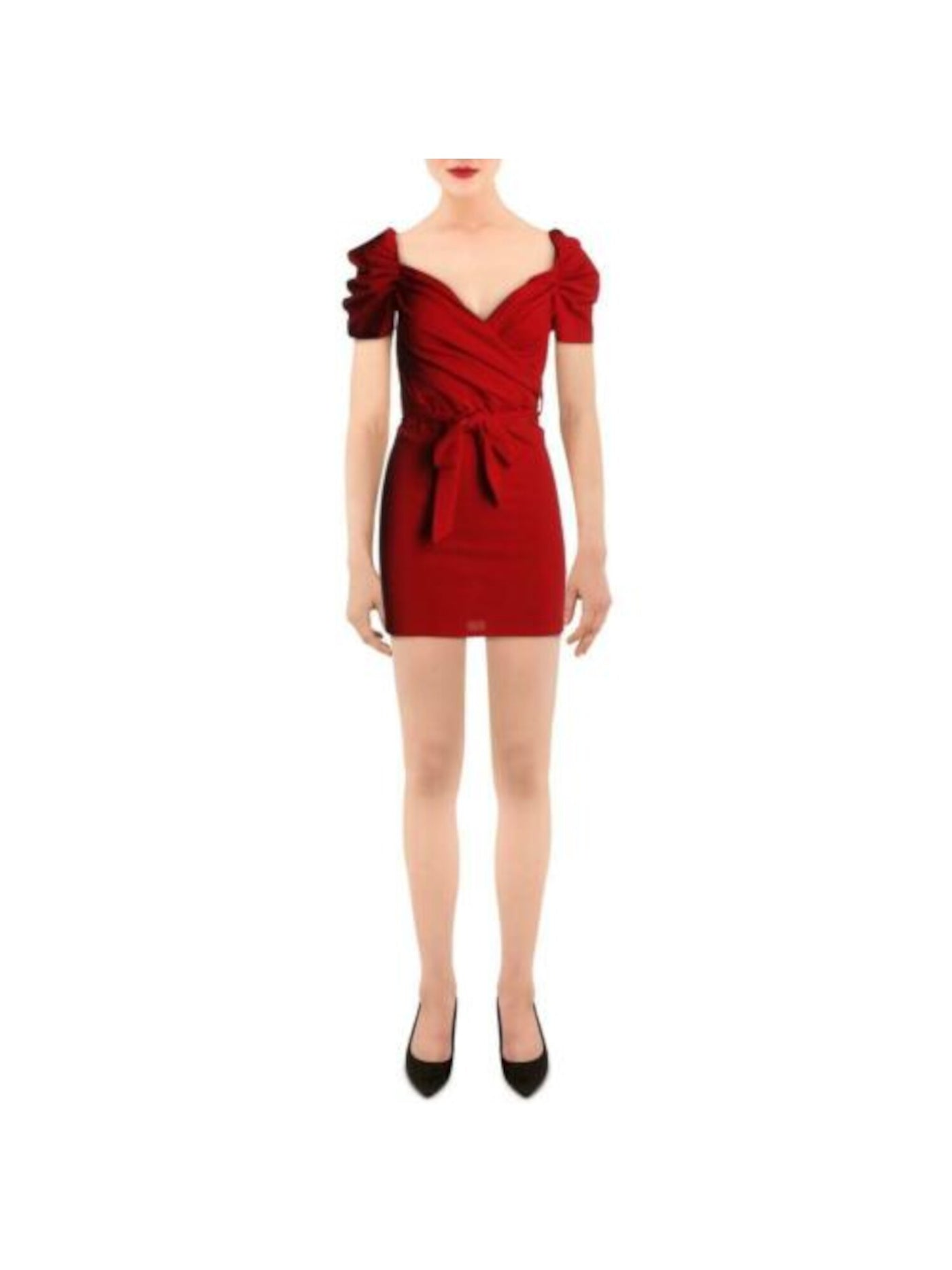 MAX + ASH Womens Red Pouf Surplice Neckline Mini Sheath Party Dress Size: L