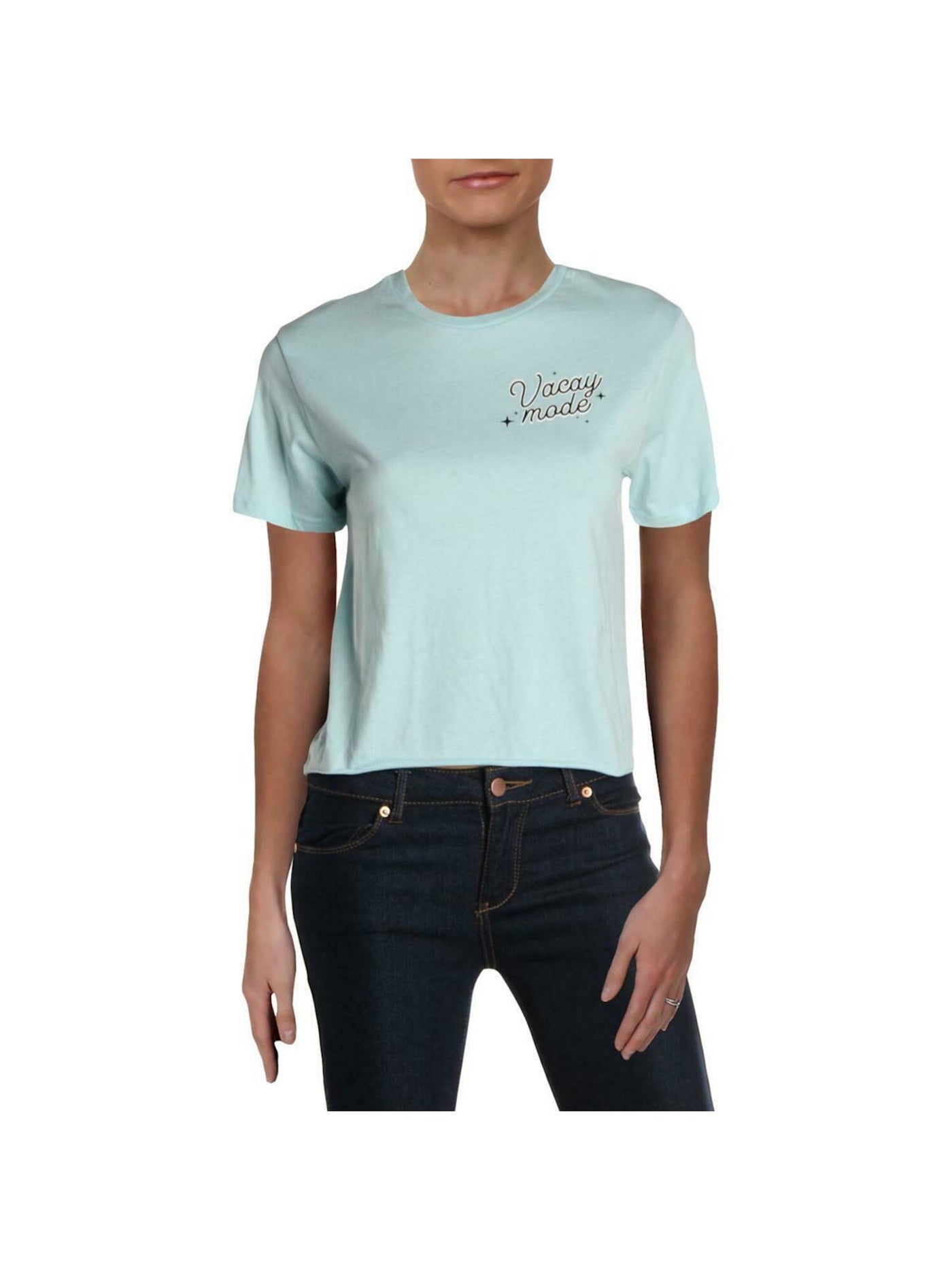 REBELLIOUS ONE Womens Light Blue Printed Short Sleeve Crew Neck T-Shirt XS