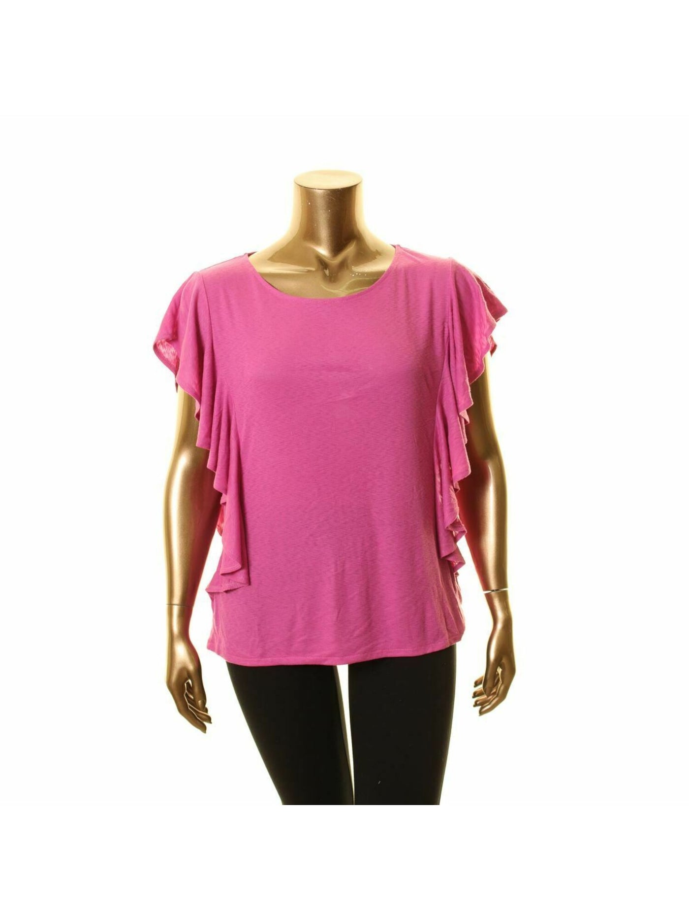 RACHEL ROY Womens Pink Ruffled Short Sleeve Jewel Neck Top Size: XL