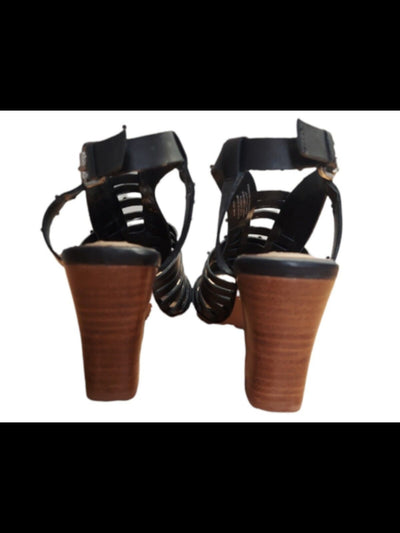 STEVEN Womens Black Cage Vamp Adjustable Strap Padded Frannie Round Toe Stacked Heel Buckle Leather Slingback Sandal 10