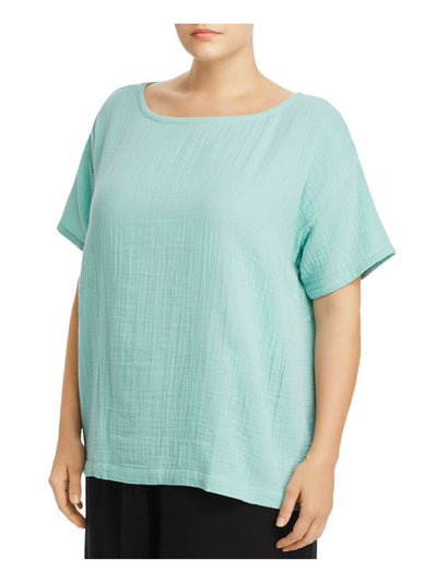 EILEEN FISHER Womens Turquoise Slitted Textured Lofty Gauze Semi-sheer Short Sleeve Boat Neck Blouse Plus 3X