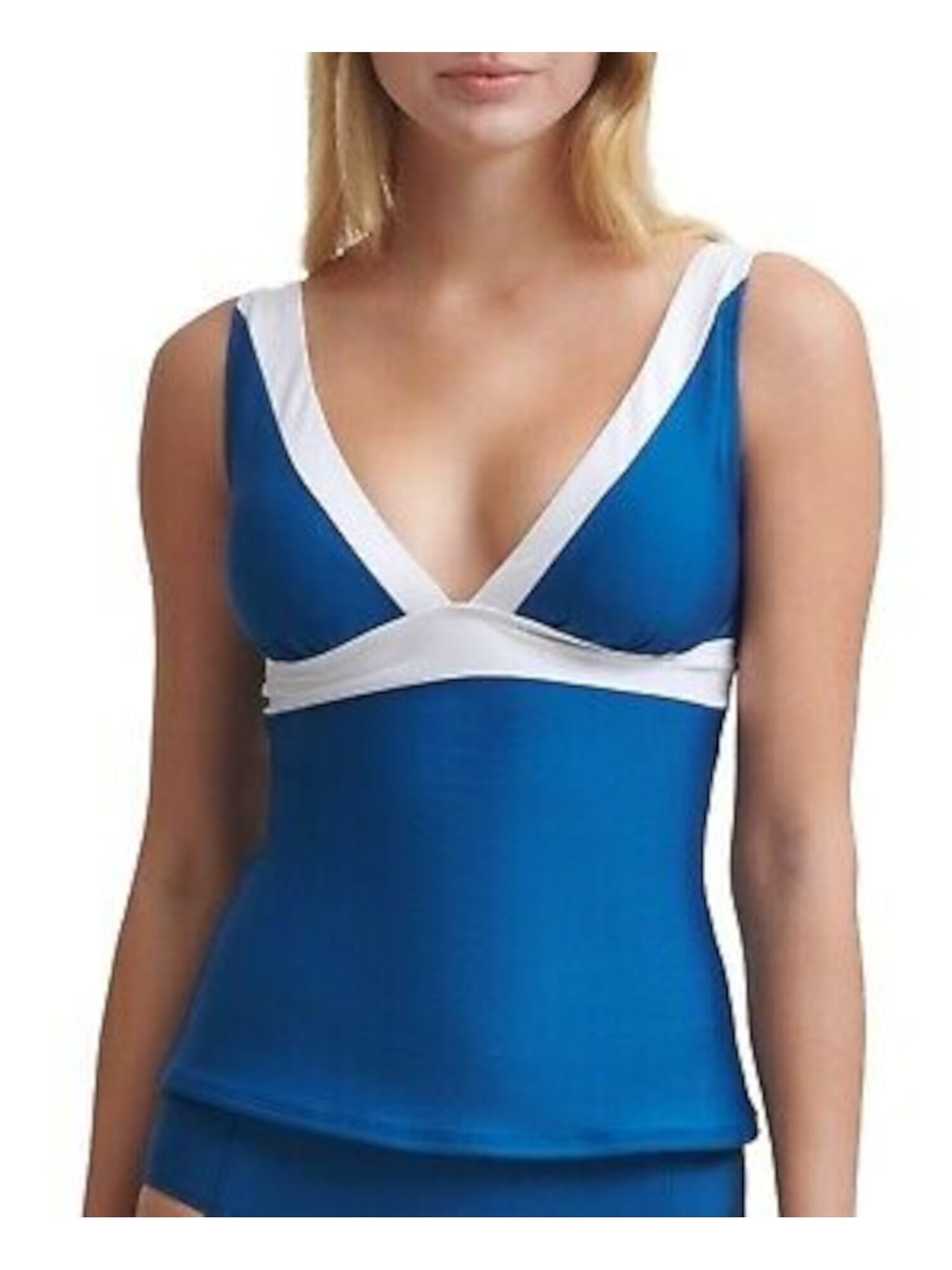DKNY Women's Blue Color Block Removable Soft Cups Deep V Neck Adjustable Tankini Swimsuit Top M