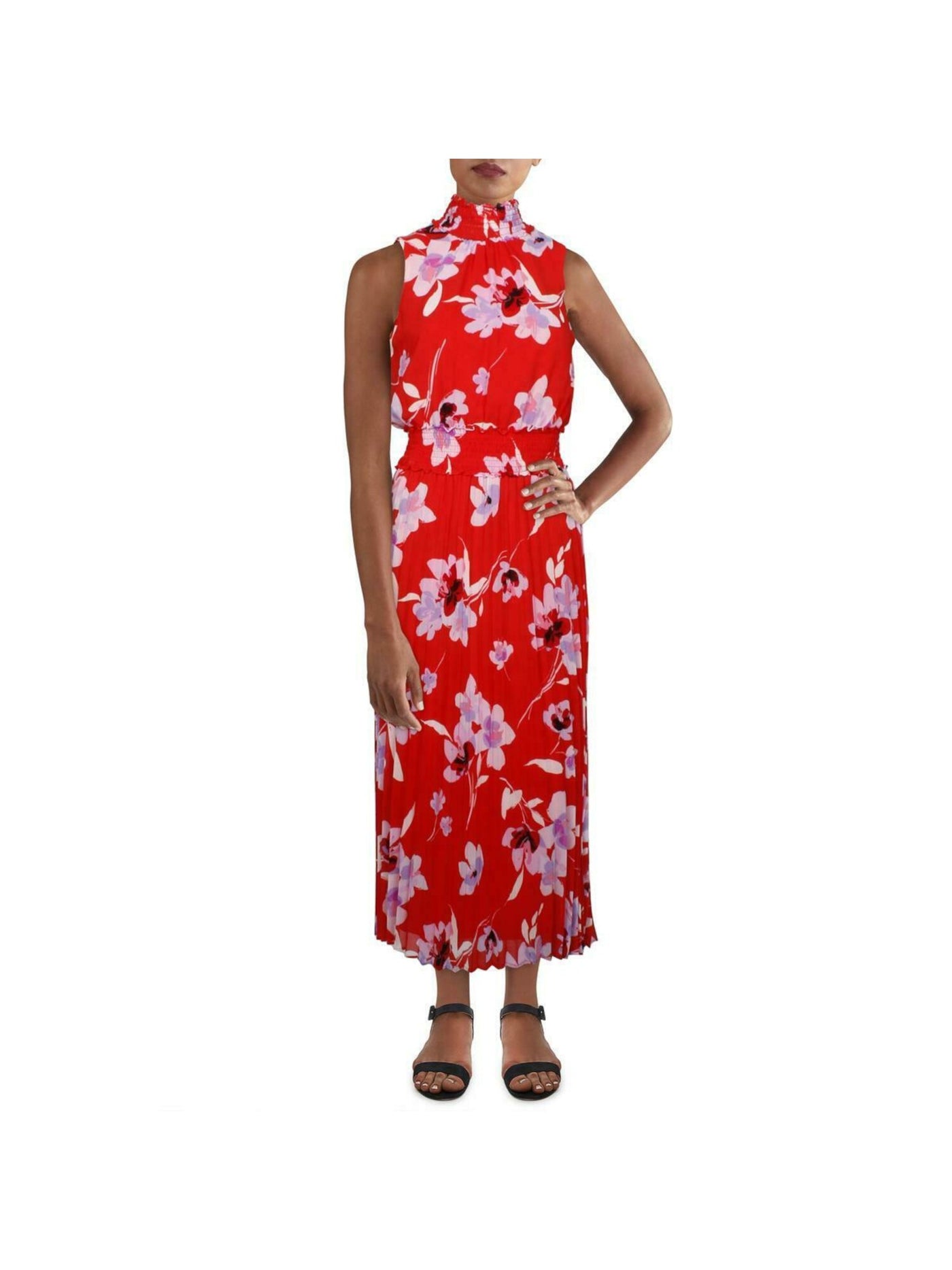 CALVIN KLEIN Womens Red Pleated Smocked Neckline And Waistband Lined Floral Sleeveless Mock Neck Below The Knee Party Fit + Flare Dress S