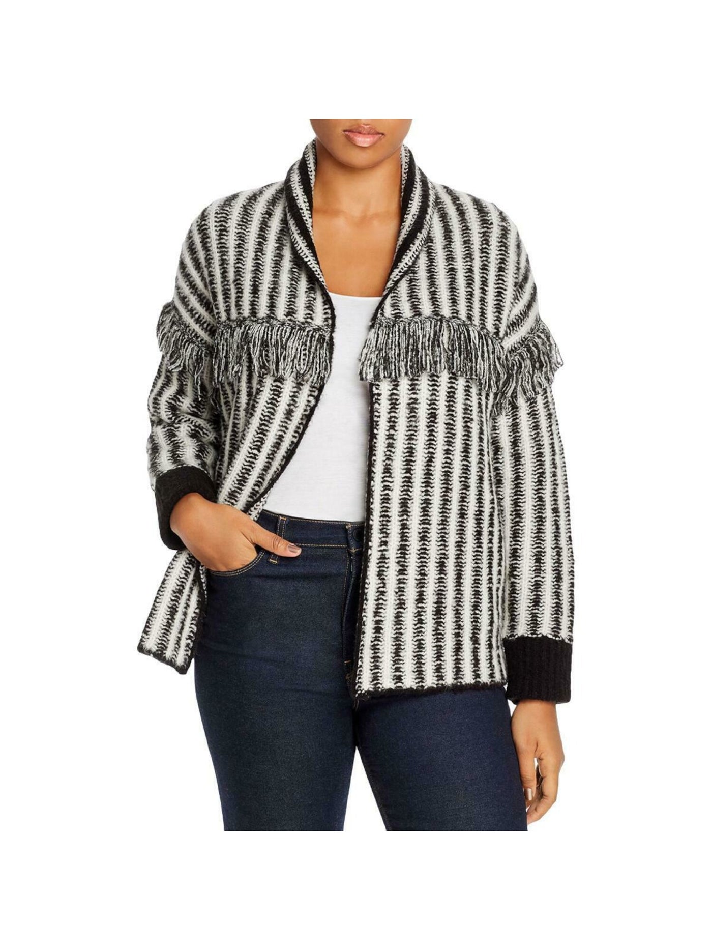 AQUA Womens Black Fringed Striped Open Cardigan Sweater Size: S