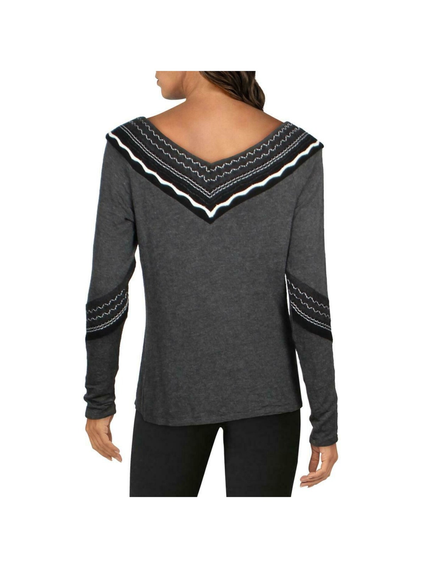 BAILEY44 Womens Gray Stretch Embroidered Printed Long Sleeve V Neck Sweater XS