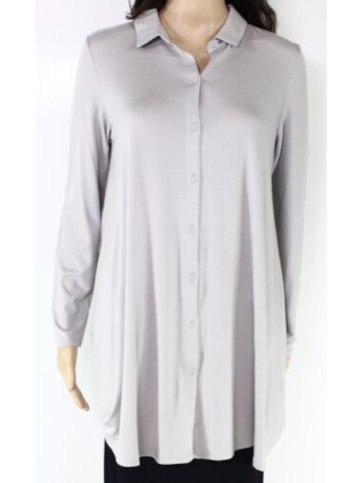 EILEEN FISHER Womens Gray Stretch Long Sleeve Collared Wear To Work Tunic Top L