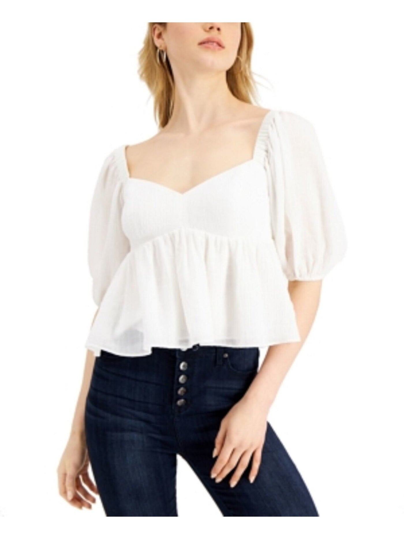 LEYDEN Womens White Sheer Lined Elbow Sleeve Sweetheart Neckline Top XL