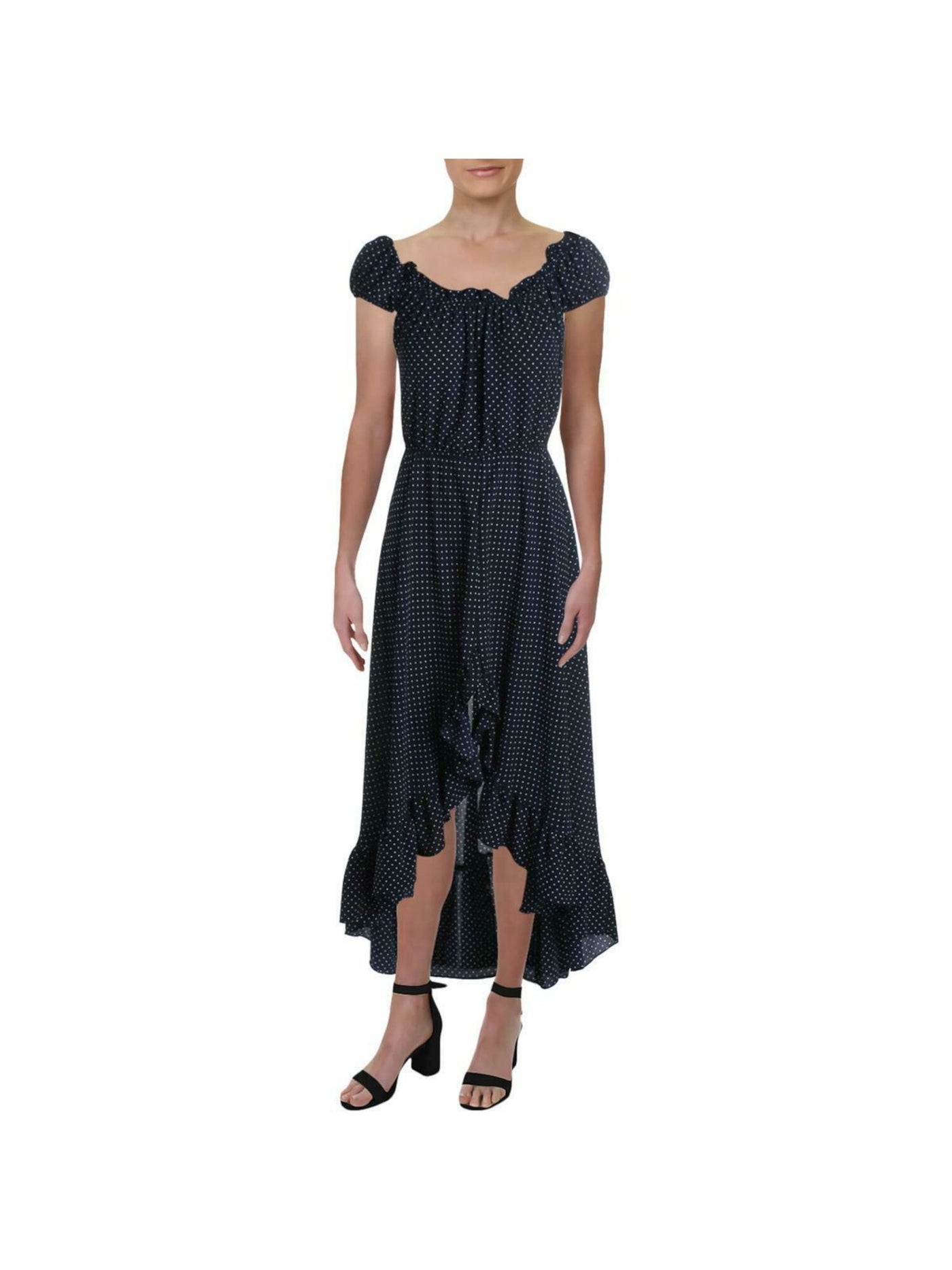 AQUA Womens Blue Ruffled Polka Dot Off Shoulder Knee Length Hi-Lo Dress Size: S