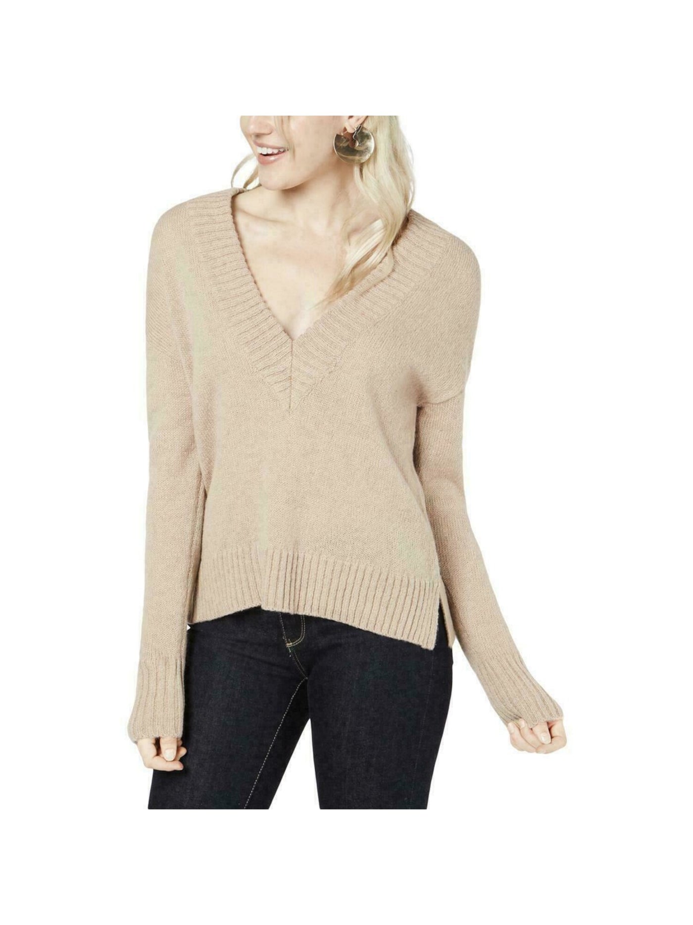 BAR III Womens Beige Ribbed Long Sleeve V Neck Sweater Size: XL