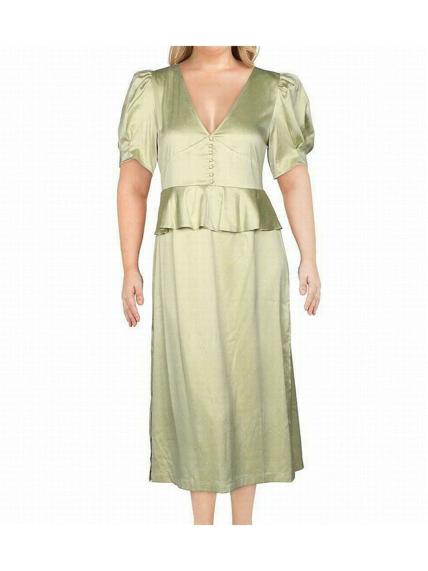 DANIELLE BERNSTEIN Womens Green Zippered Polka Dot Pouf V Neck Knee Length Wear To Work Peplum Dress 0