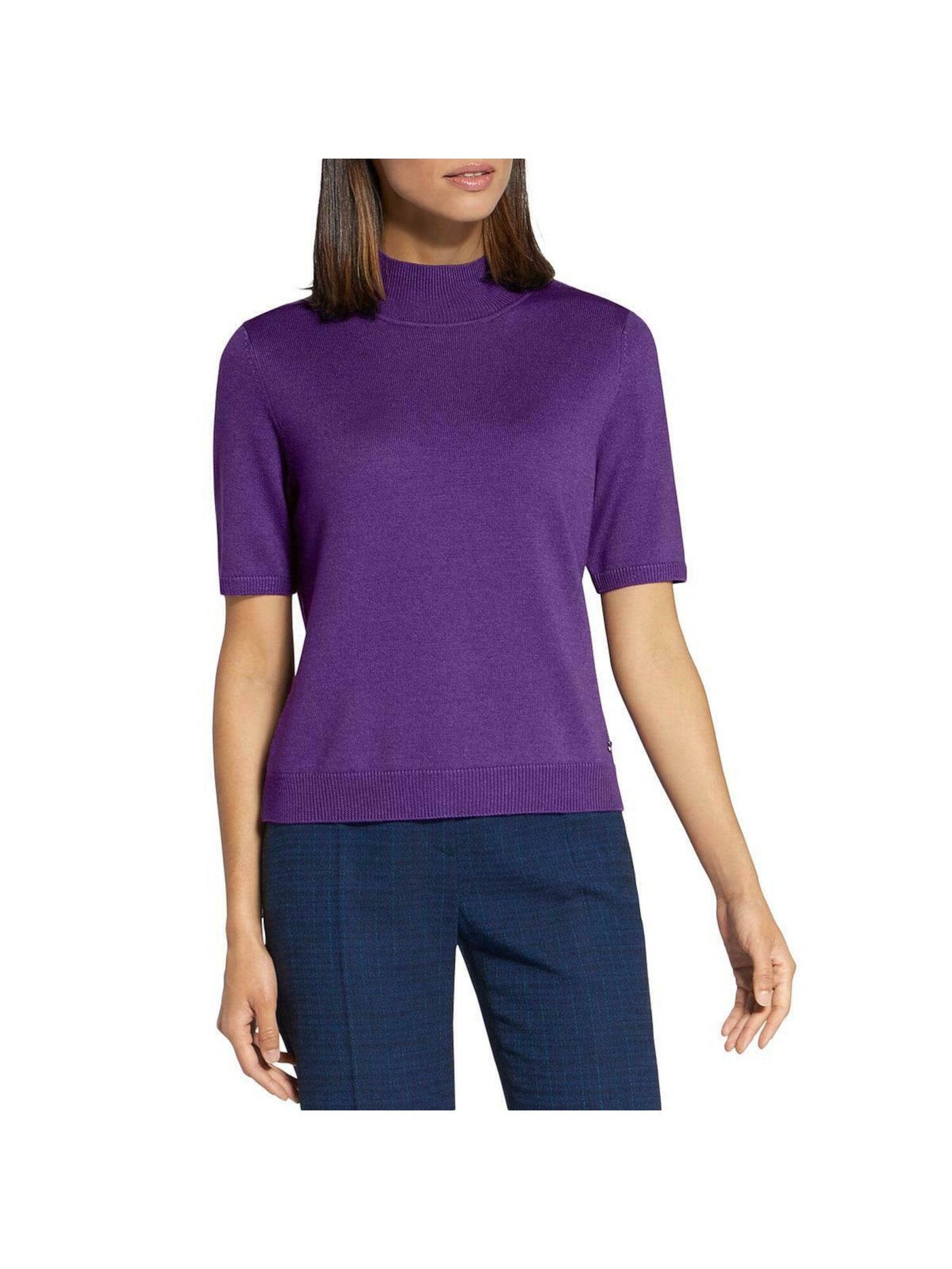 BASLER Womens Purple Mock Neck Short Sleeve Sweater Size: 12