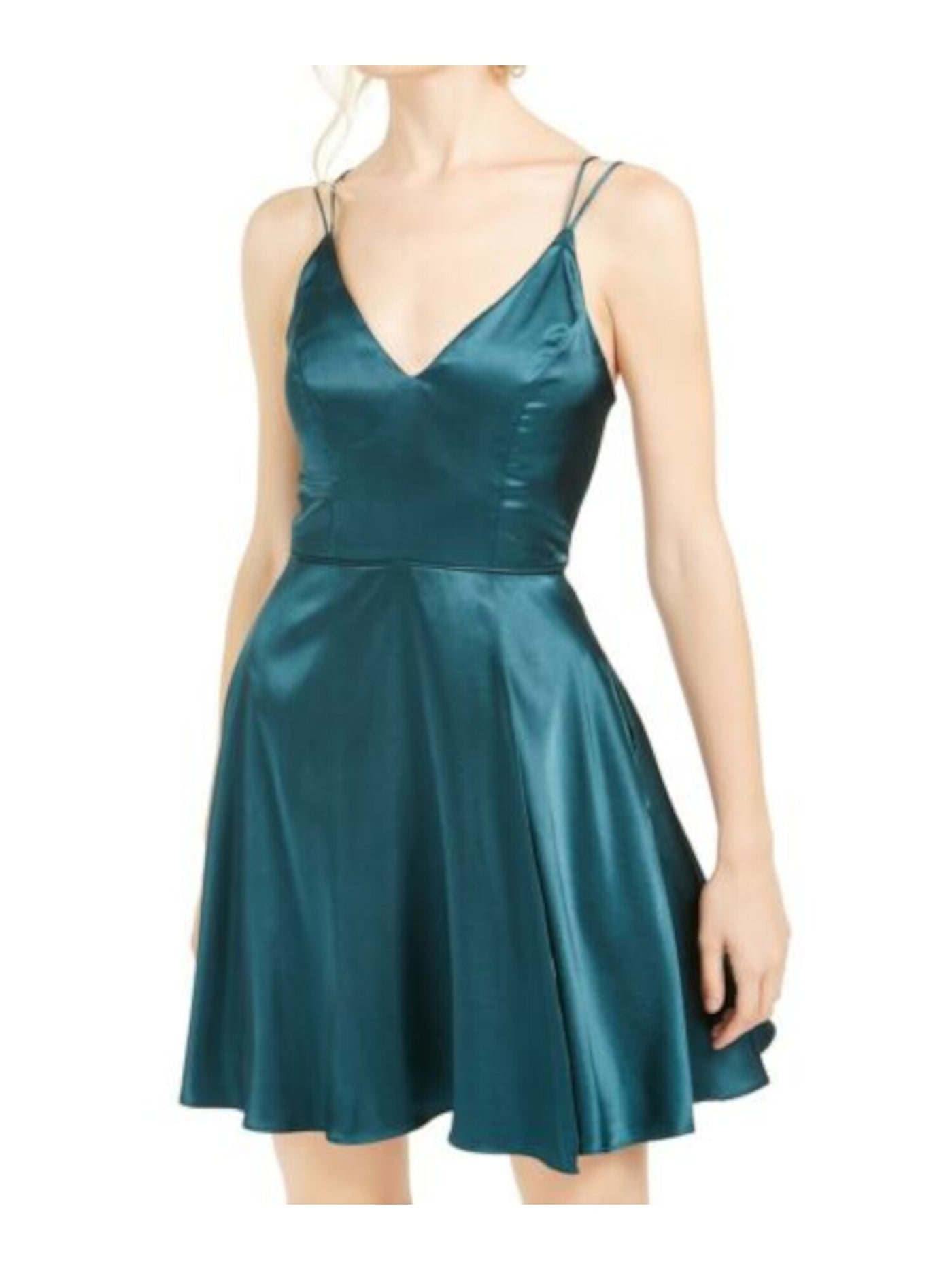 SEQUIN HEARTS Womens Green Pocketed Silk Spaghetti Strap Sweetheart Neckline Short Party Fit + Flare Dress Juniors 1